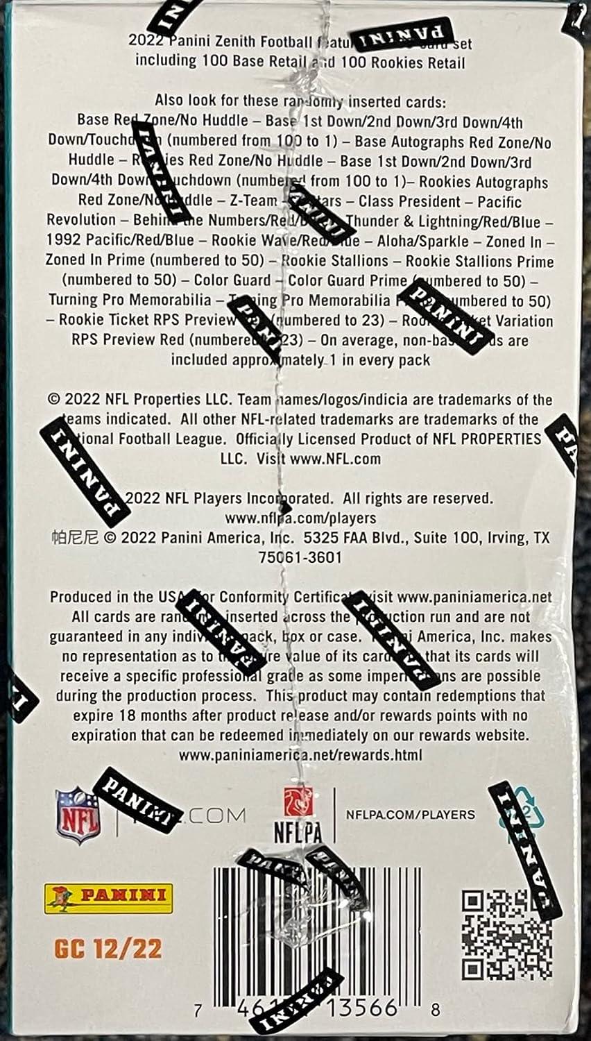 2022 Panini Zenith Football Trading Cards Blaster Box (6 packs/4 cards