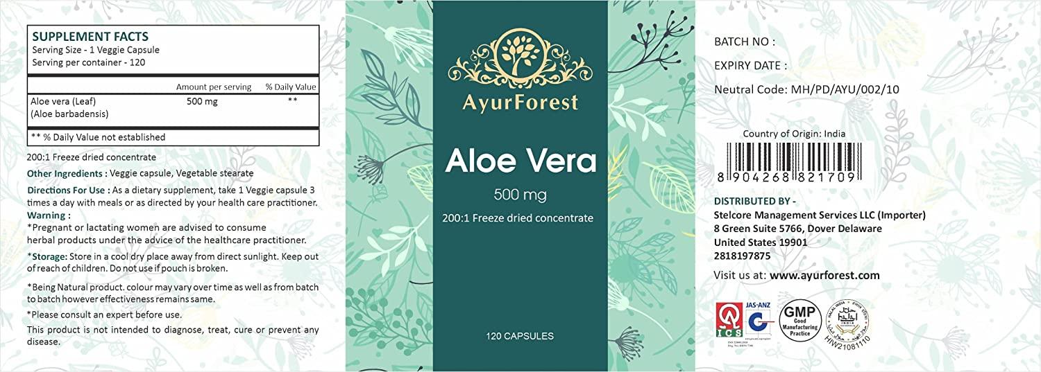 AyurForest Aloe Vera Capsules (Aloe Barbadensis) 120 Capsules (500 mg