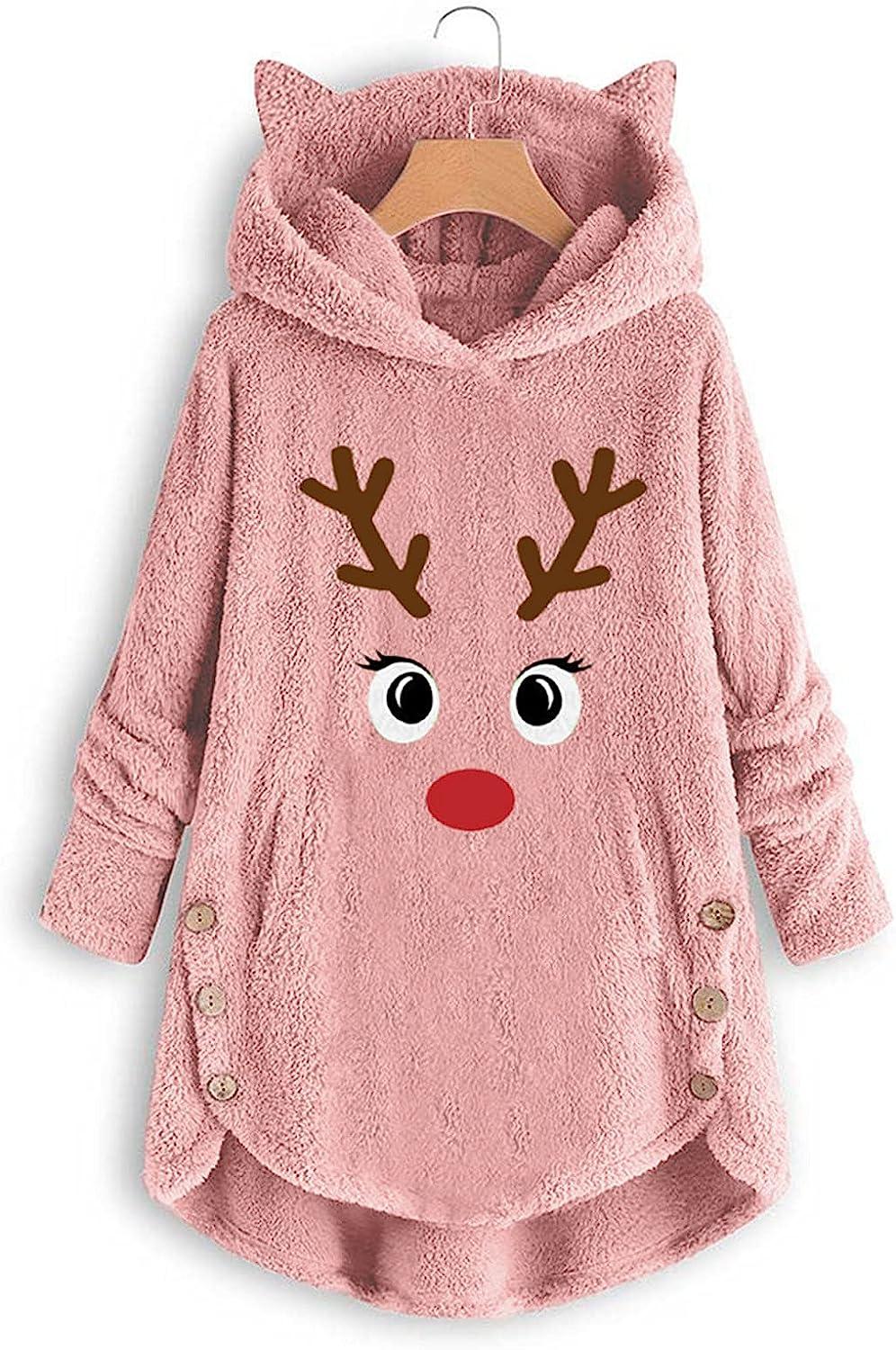 Womens Christmas Hoodie: Cute Printed Pocket Pullover Coat in