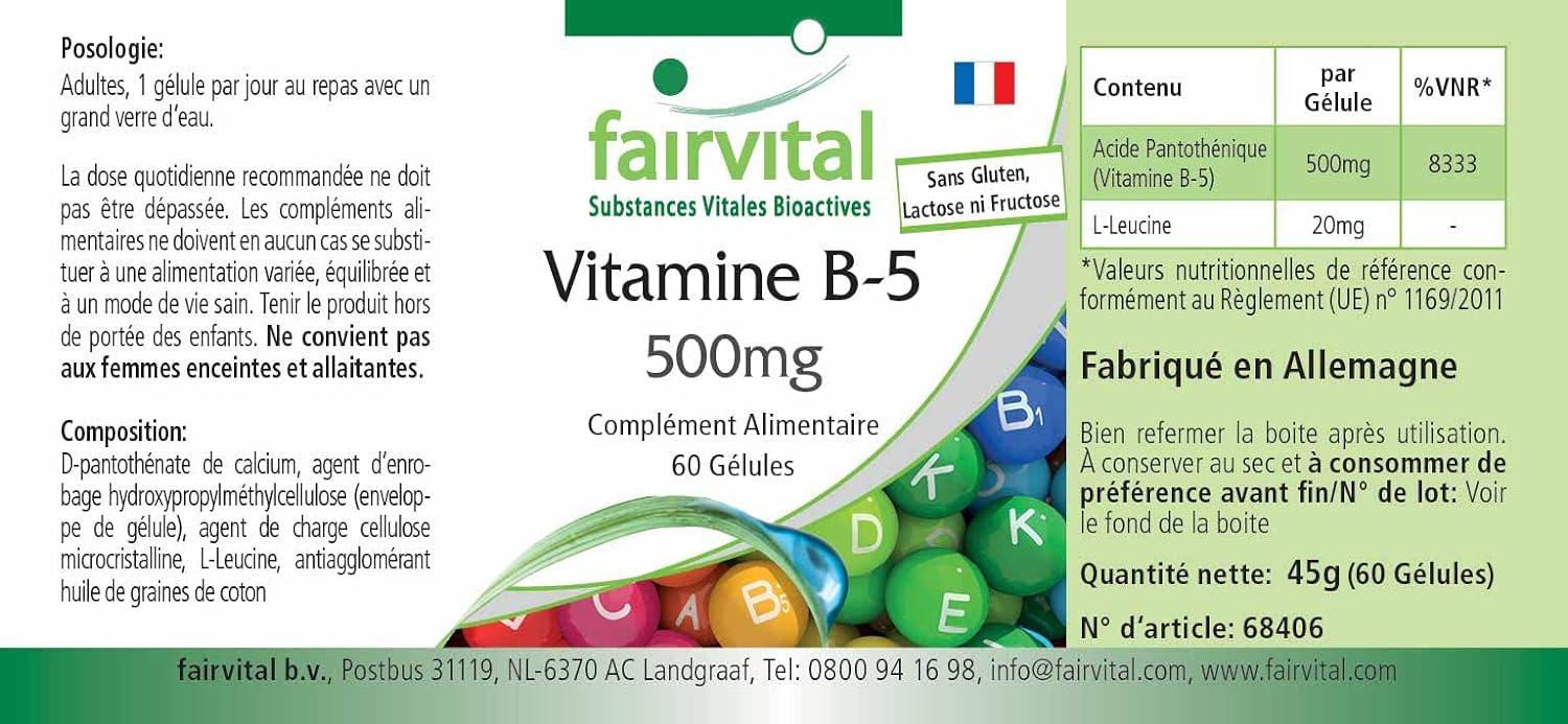 Fairvital Vitamin B5 500mg Vegan HIGH Dosage 60 Capsules