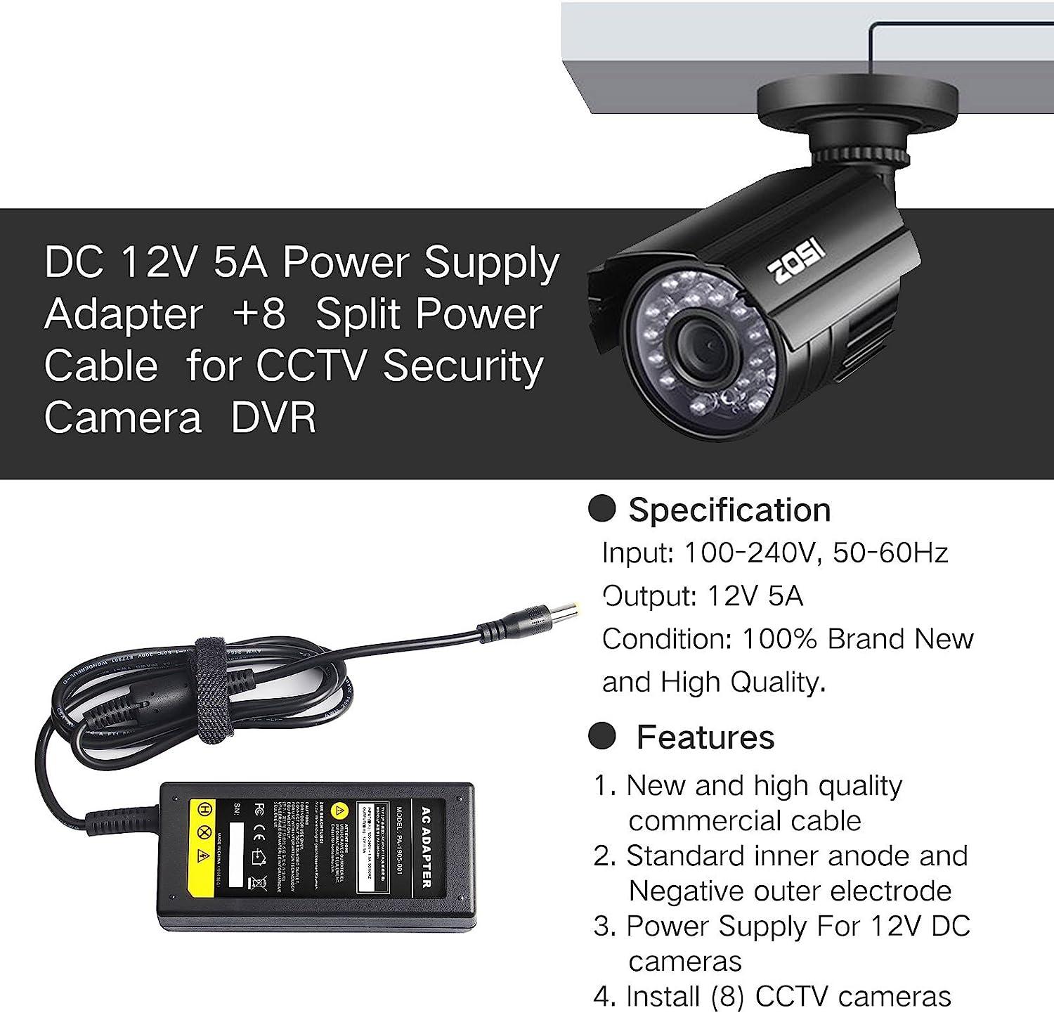 Tnuocke 12V 5A 100V-240V AC to DC Power Adapter 5.1x2.1mm 8-Way Power  Splitter Cable for CCTV/Camer/DVR HM-025