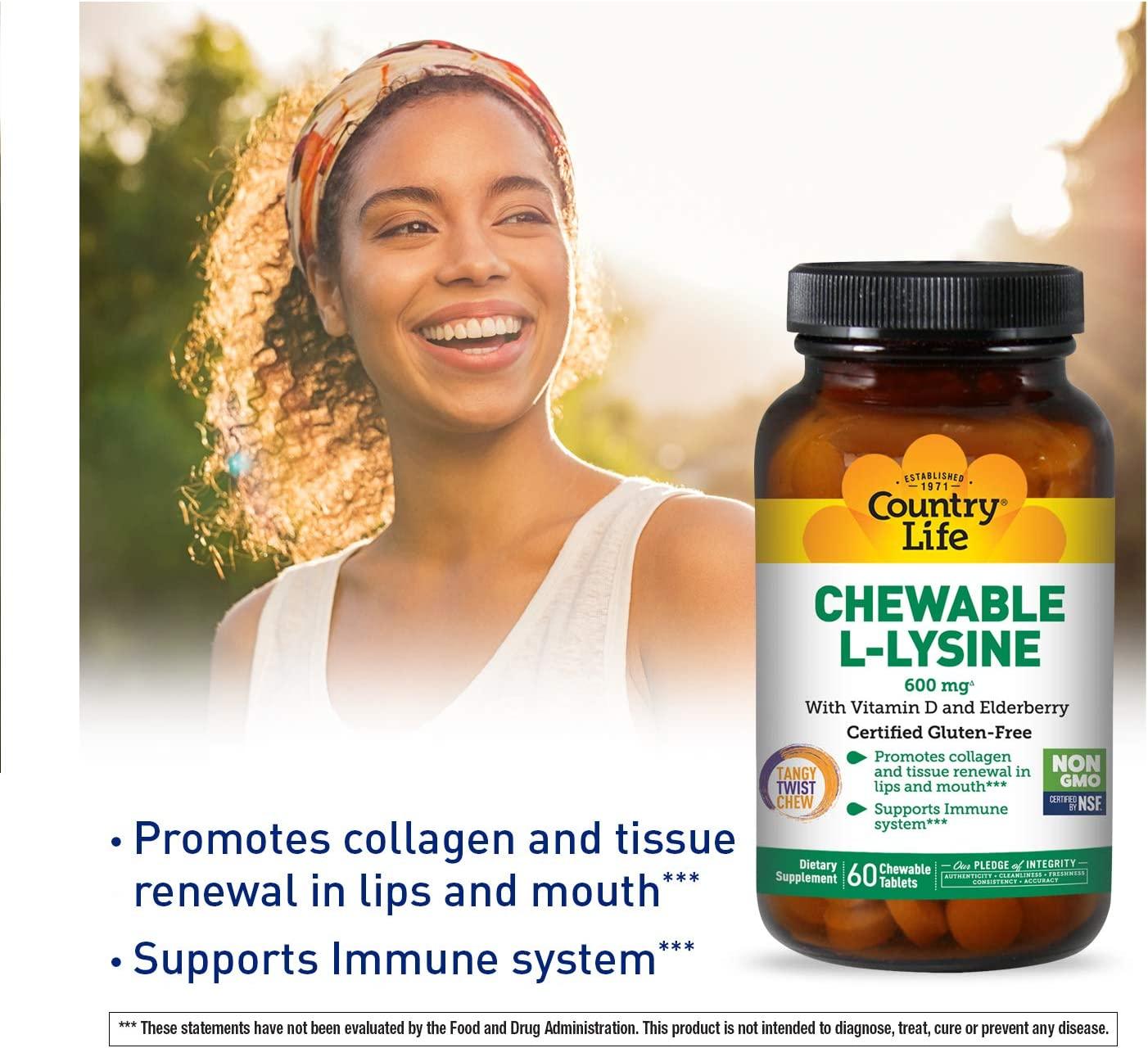 Country Life Chewable LLysine with Vitamin D & Elderberry 300mg, 60 Tablets