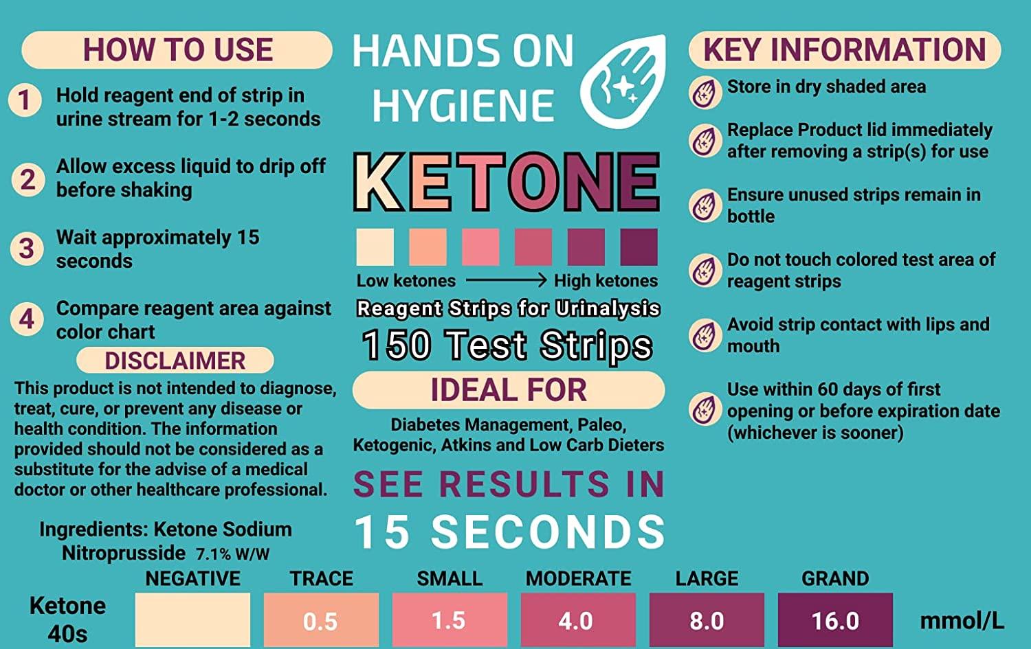 HANDS ON HYGIENE Ketone Urinalysis Test Strips,150 Count, Ideal to Help