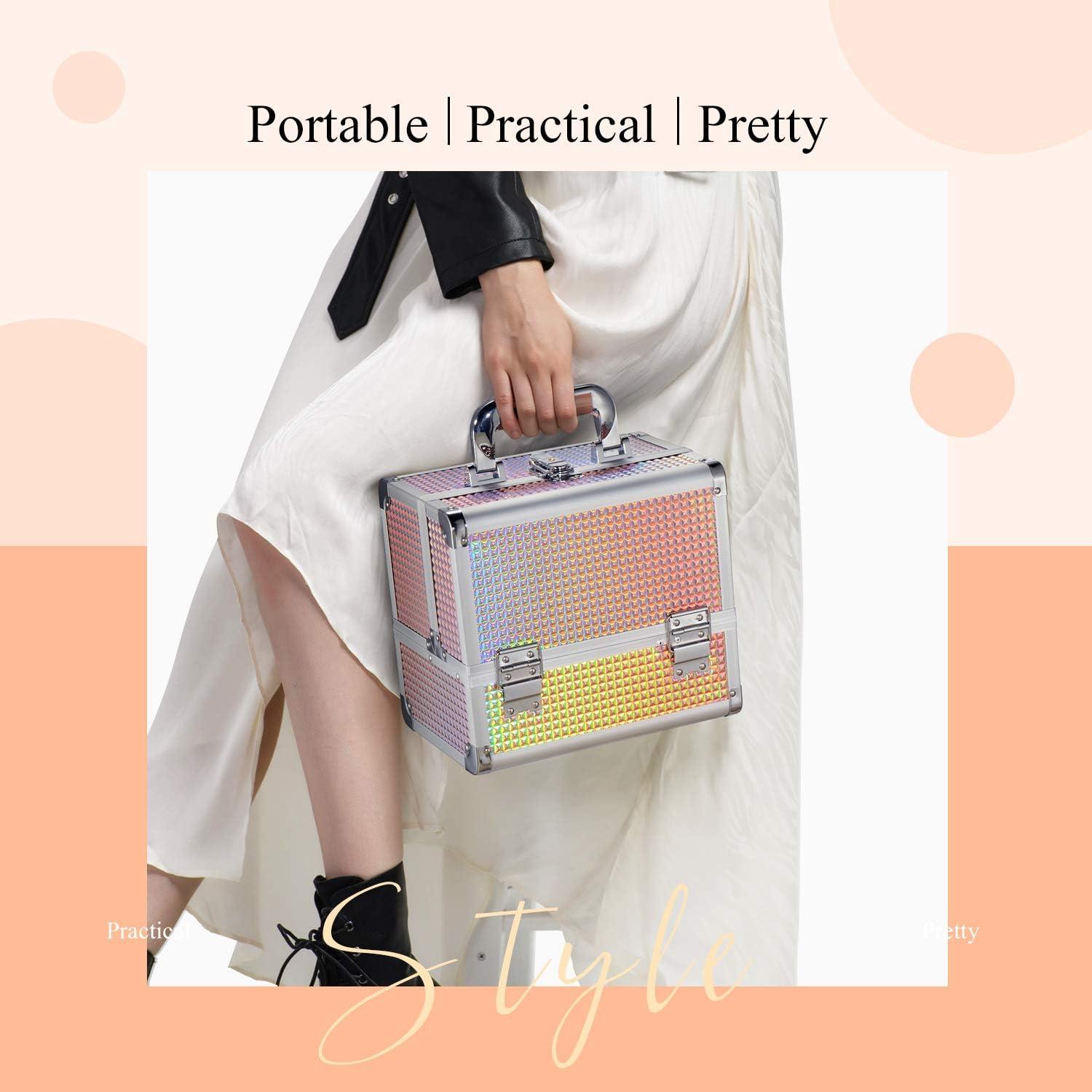 Joligrace Makeup Box Cosmetic Train Case for Women Travel Jewelry Organizer  with Compartments & Mirror Portable Lockable Make-up Trunk Shiny Style  Dazzle Gold