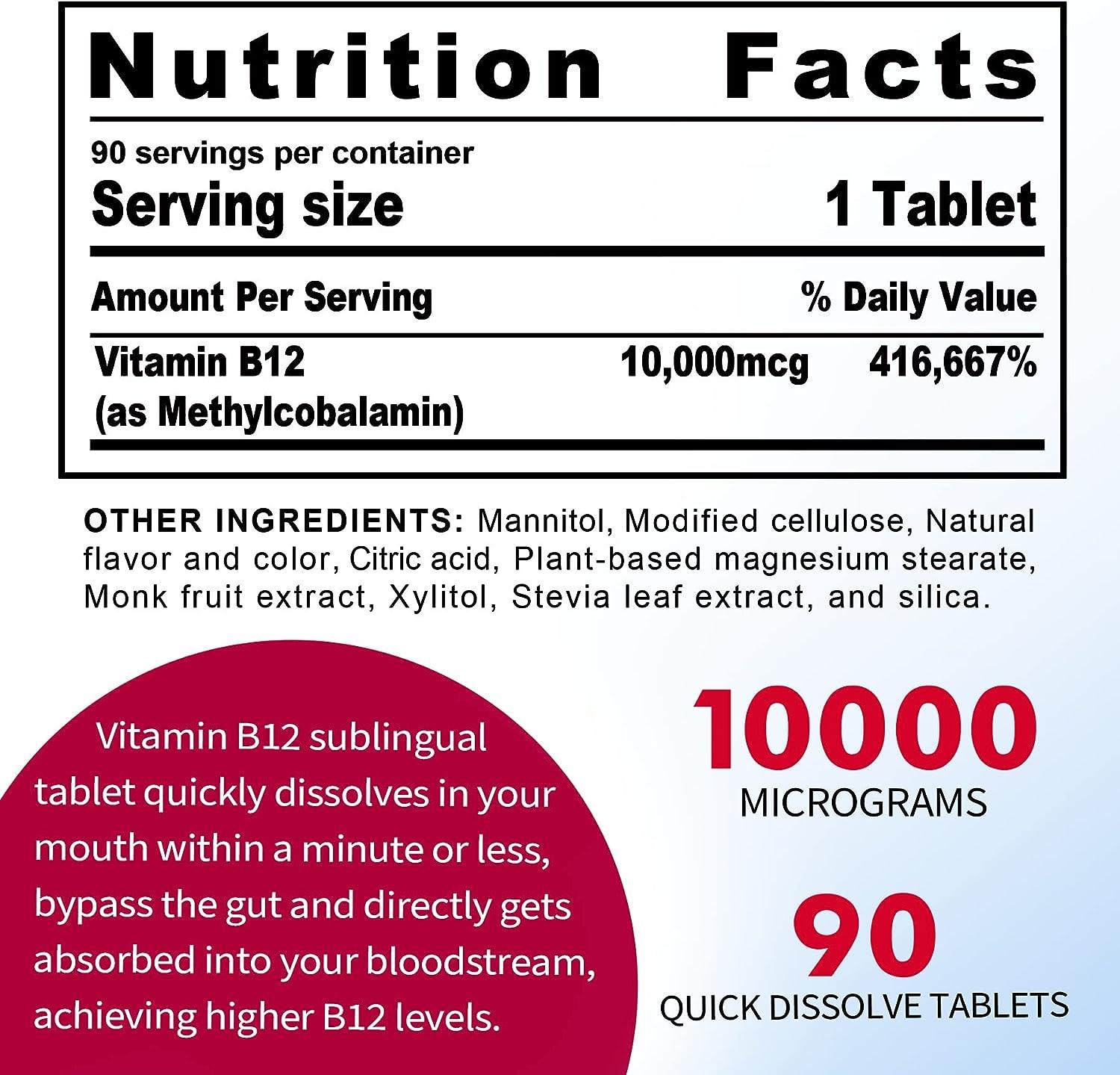 B12 Sublingual 10000 mcg Fast Dissolve Tablets Methylcobalamin, Sugar Free, Vegan Energy