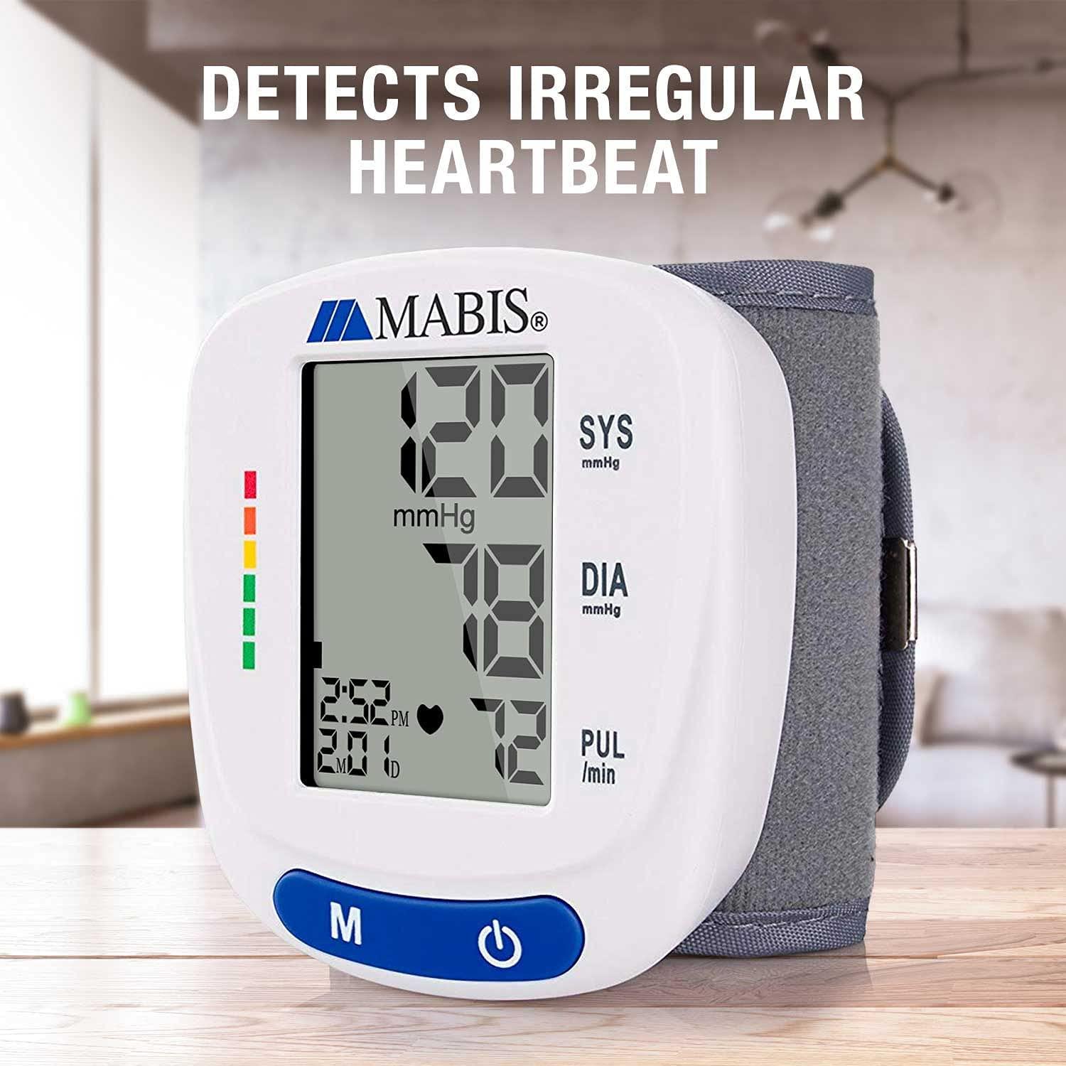 Mabis Digital Premium Wrist Blood Pressure Monitor with Automatic Wrist  Cuff that Displays Blood Pressure, Pulse Rate and Irregular Heartbeat,  Stores