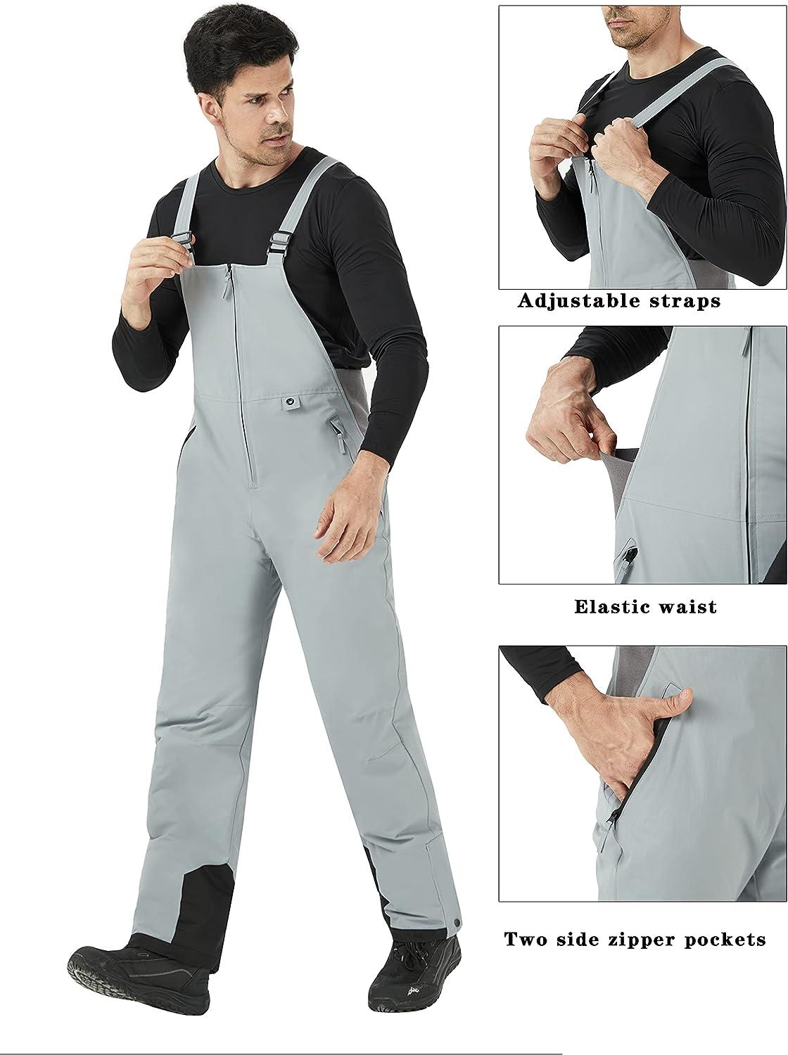 WULFUL Men's Insulated Snow Bibs Waterproof Winter Ski Pants XLarge Light Grey Snowboarding
