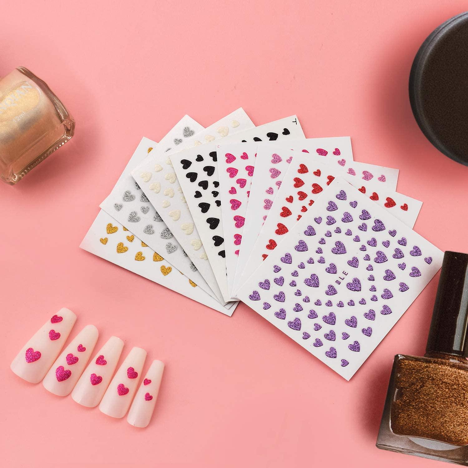 PAGOW 16 Sheets Heart Nail Art Stickers, 8 Color Love Heart Nail Decals