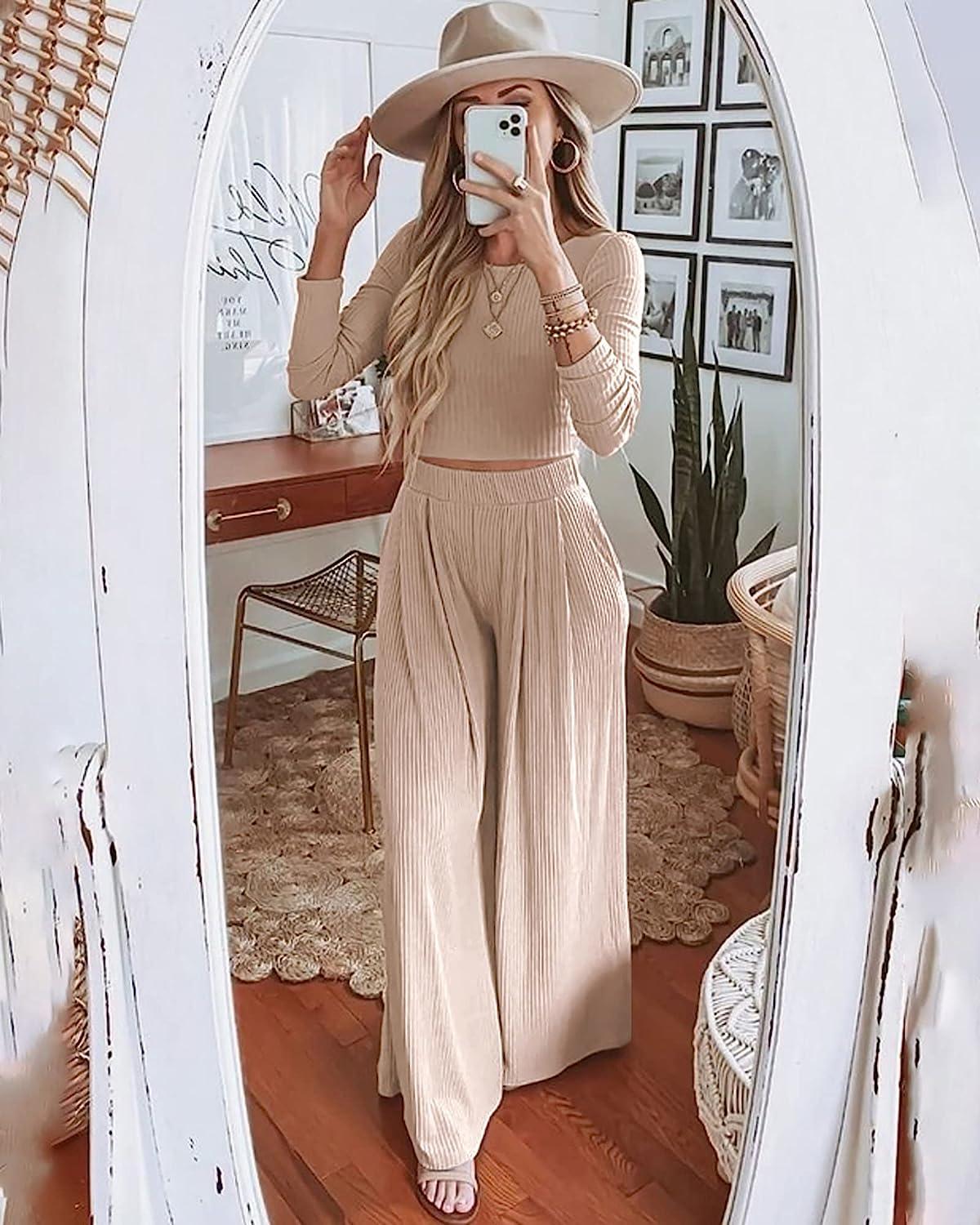 BTFBM Women's Two Piece Lounge Set Long Sleeve Bodycon Ribbed Knit Crop Top  Loose Wide Leg Pant Casual Outfits Sweatsuit Solid Apricot Large