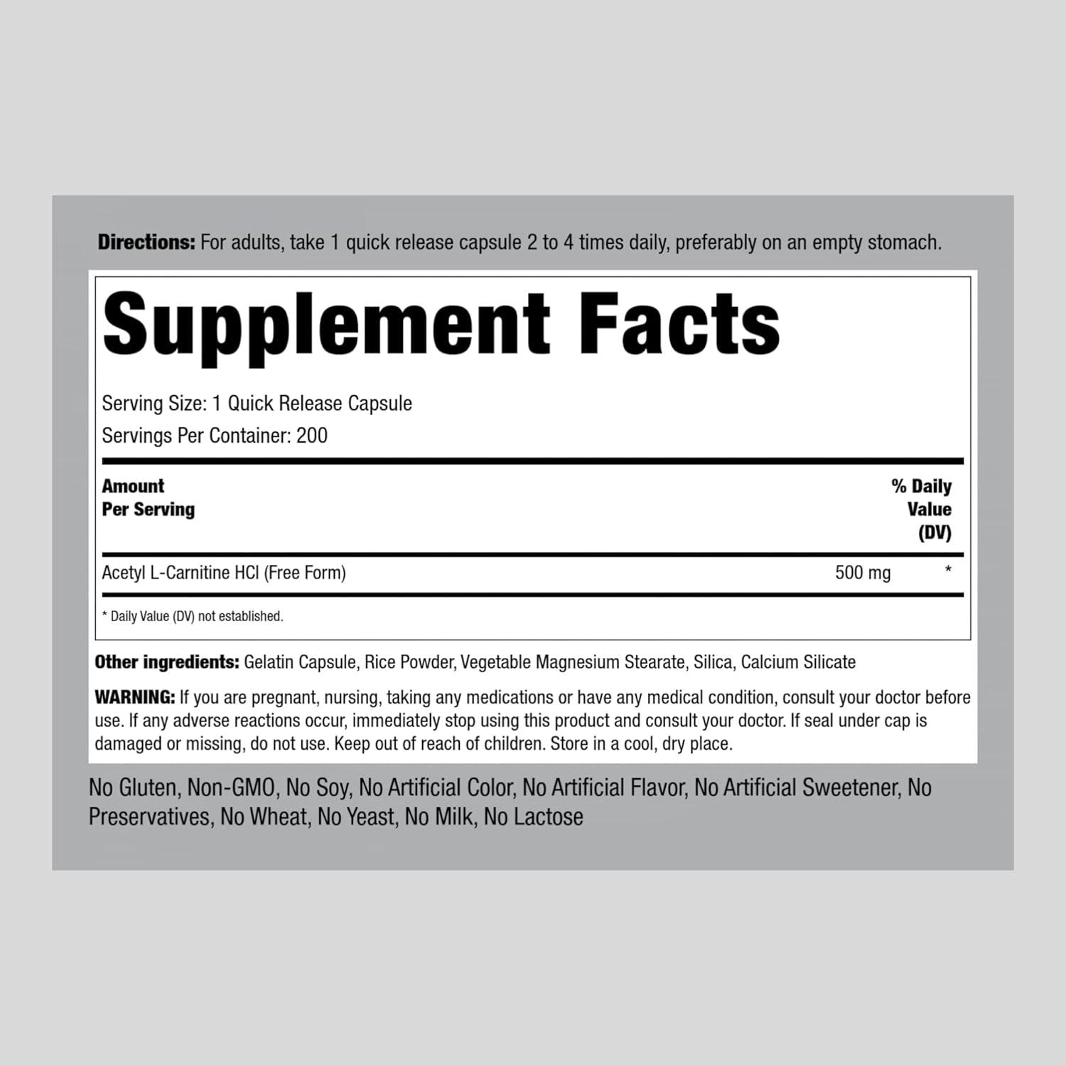 Piping Rock Acetyl L-Carnitine 500mg | 200 Capsules | Non-GMO Gluten Free  Supplement | Buy Now with Express International Delivery | GoSupps.com