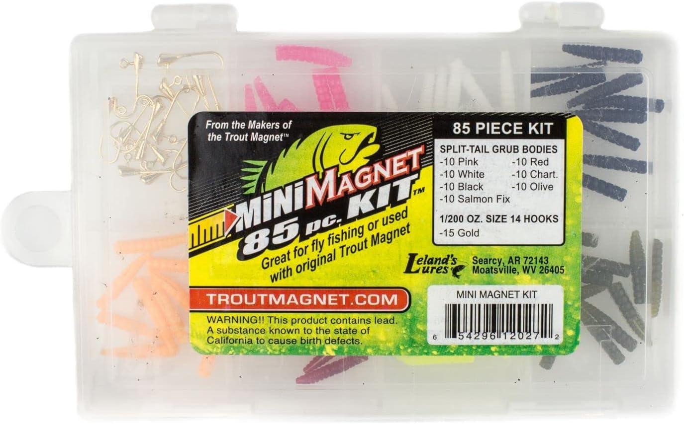 Leland's Lures Trout Magnet 85 Piece Mini Magnet Kit, Includes 70 Grub  Bodies and 15 Size 14 Hooks, for Fly Fishing Or with Original Trout Magnet,  Chatches All Types of Fish