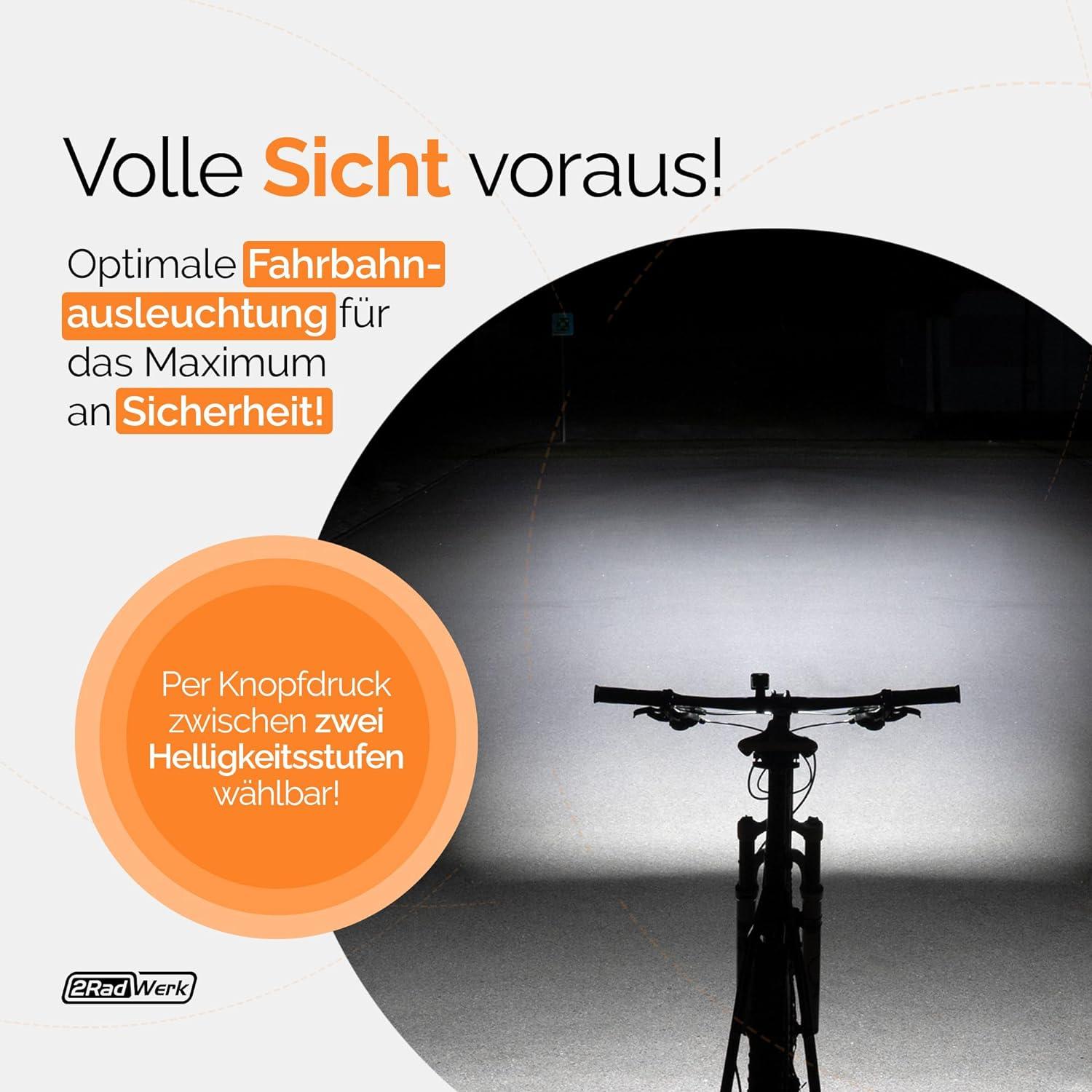 2RadWerk Set Luci Bici LED Ricaricabili – Anteriore E Posteriore – 15-35 Lux – Omologate StVZO – USB-C