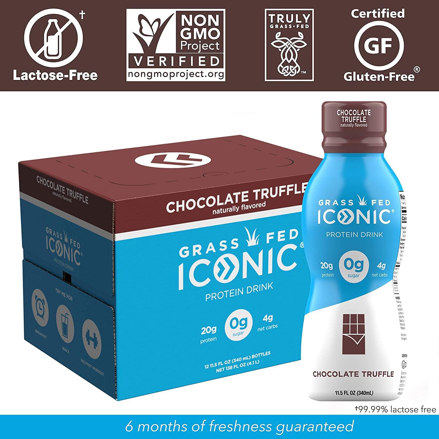 Iconic Protein Drinks, Vanilla Bean (12 Pack) - Sugar Free & Low Carb - 20g  Grass Fed Protein - Lactose Free, Gluten Free, Non-GMO, Kosher - Keto