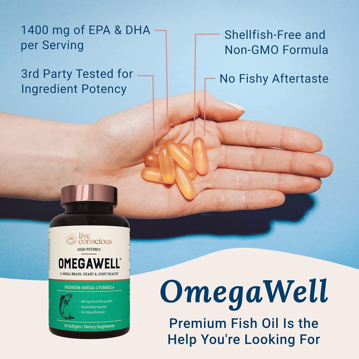 OmegaWell Fish Oil Heart, Brain, Joint Support 800mg EPA 600mg DHA