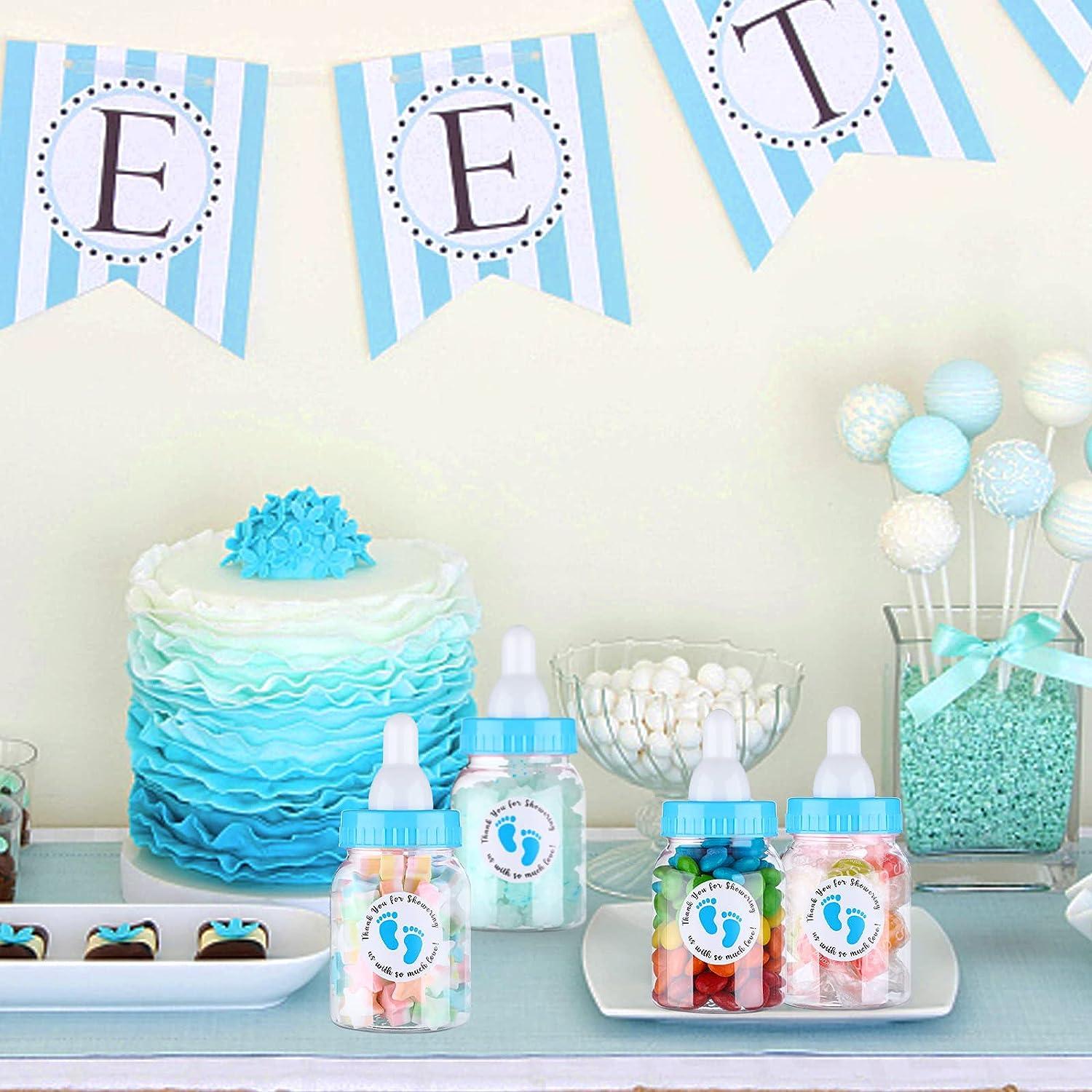 60 Pcs Blue Baby Shower Mini Milk Bottles with 500 Thank You Stickers