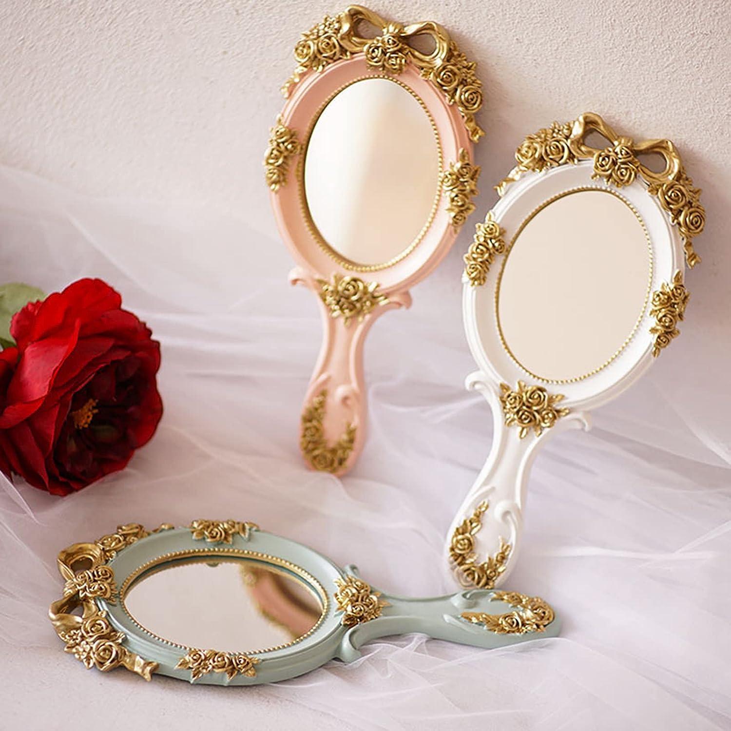 Vintage Handheld Mirror, Small Cute Hand Held Decorative Mirrors for Girls Makeup Embossed Flower Portable Antique Travel Personal Cosmetic Mirror Wit