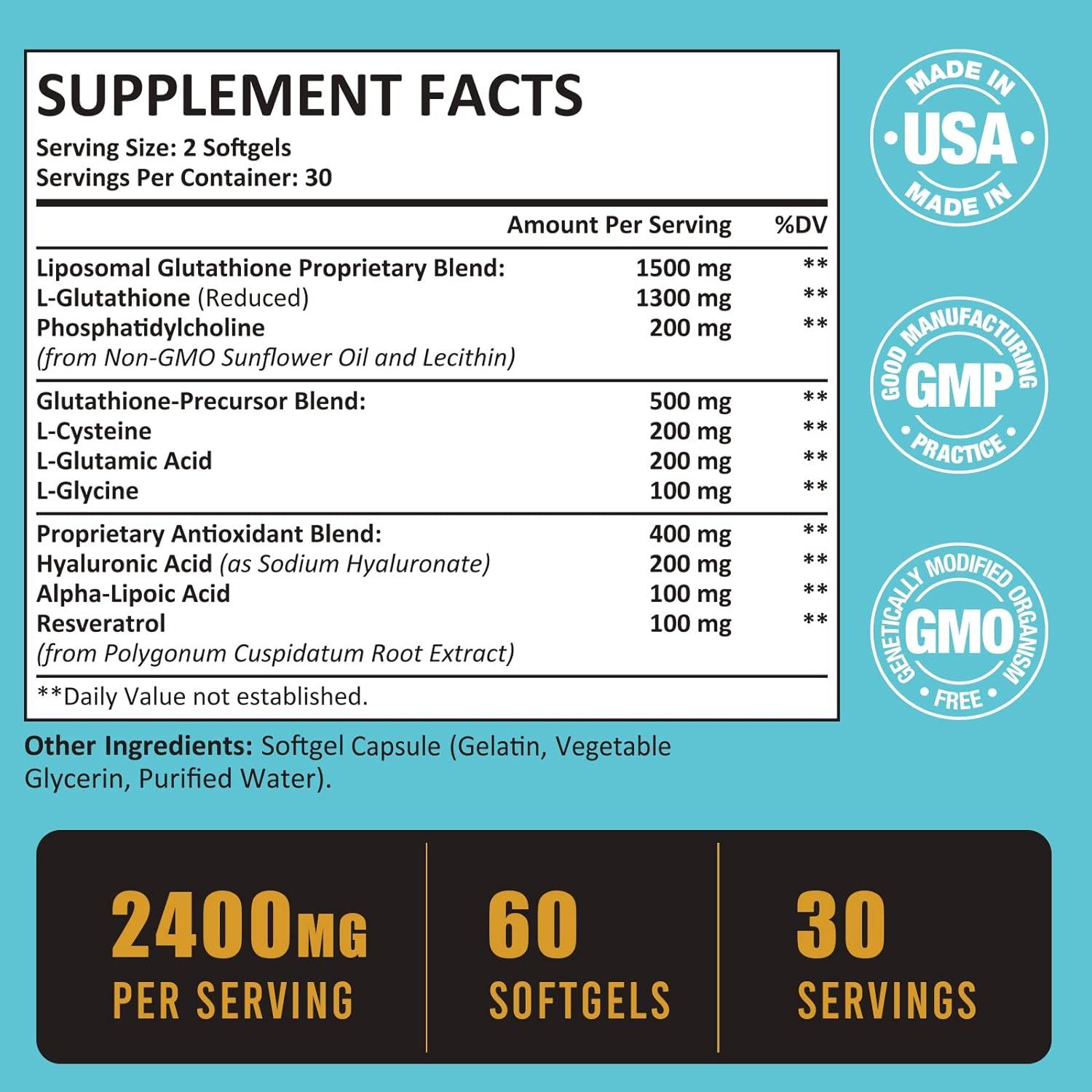 Max Absorption Liposomal Glutathione Softgels 2400mg with Hyaluronic