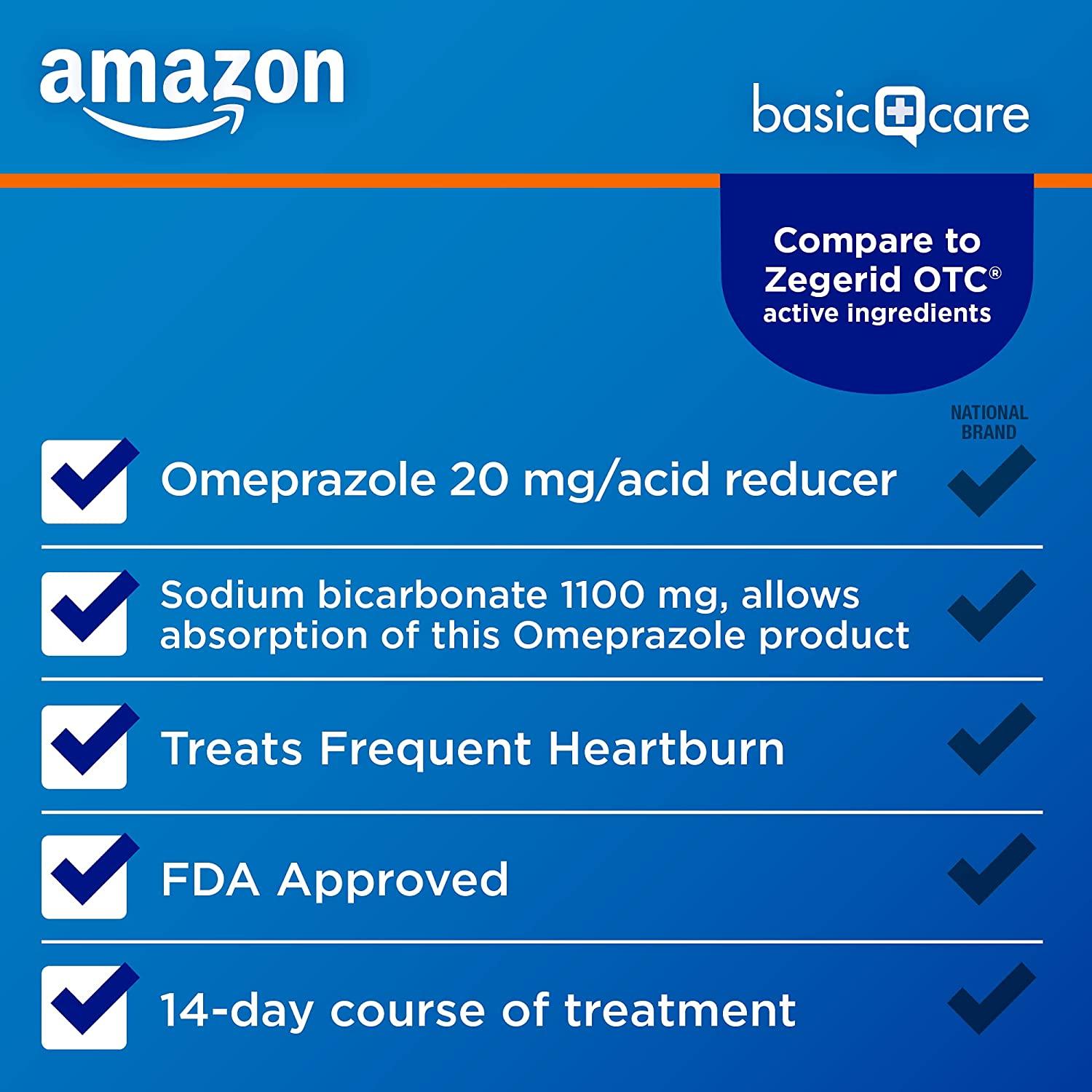 Amazon Basic Care Omeprazole and Sodium Bicarbonate Capsules 20mg/1100mg 42 Count for Frequent