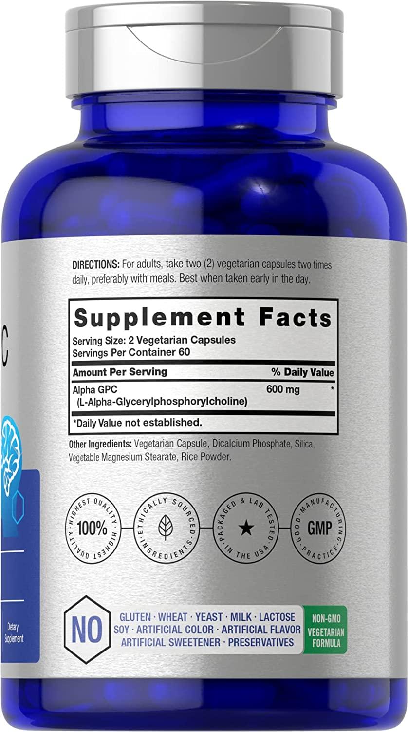 Alpha GPC 600mg 120 Capsules Vegetarian NonGMO Choline Supplement