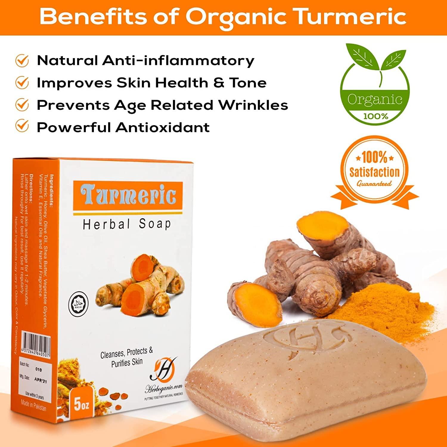 Herboganic Turmeric Herbal Soap 5oz Bar Cleansing, Purifying, AntiAging Pack of 1
