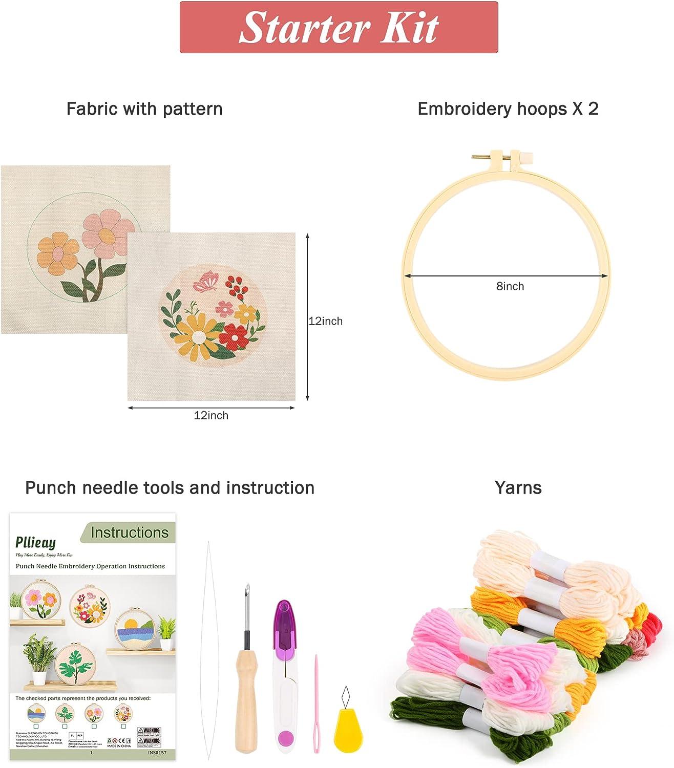 Pllieay 2 Set Punch Needle Embroidery Starter Kits Include Instructions  Punch Needle Fabric with Pattern Yarns Embroidery Hoops for Rug-Punch &  Pinch Needle Flowers