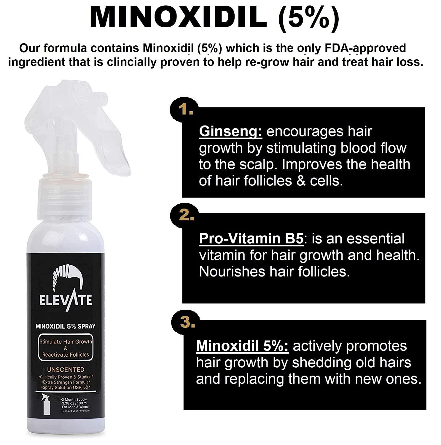 ELEVATE 5% Minoxidil Hair Growth Spray - Extra Strength Professional  Treatment for Hair Loss and Hair Regrowth - Stimulate Hair Follicles for  Men & Women - 1 to 2 Month Supply 100ml  Fl Oz (Pack of 1)