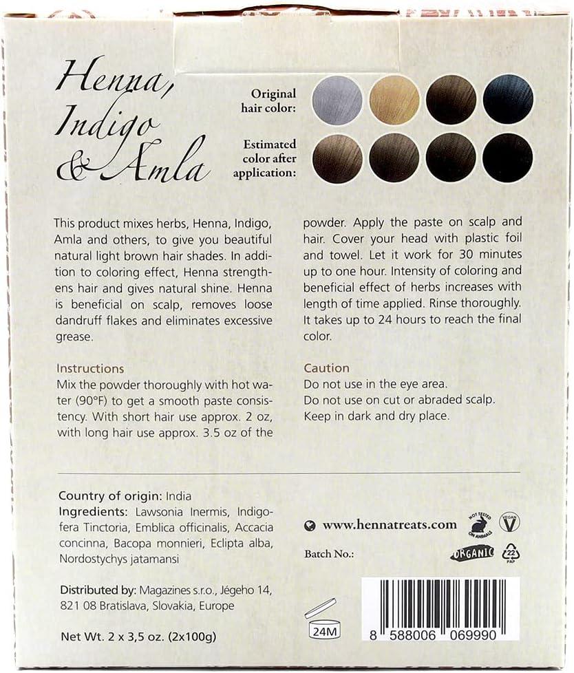 Organic Henna Indigo & Amla Powder 7oz - Light Brown Hair Dye - Indian