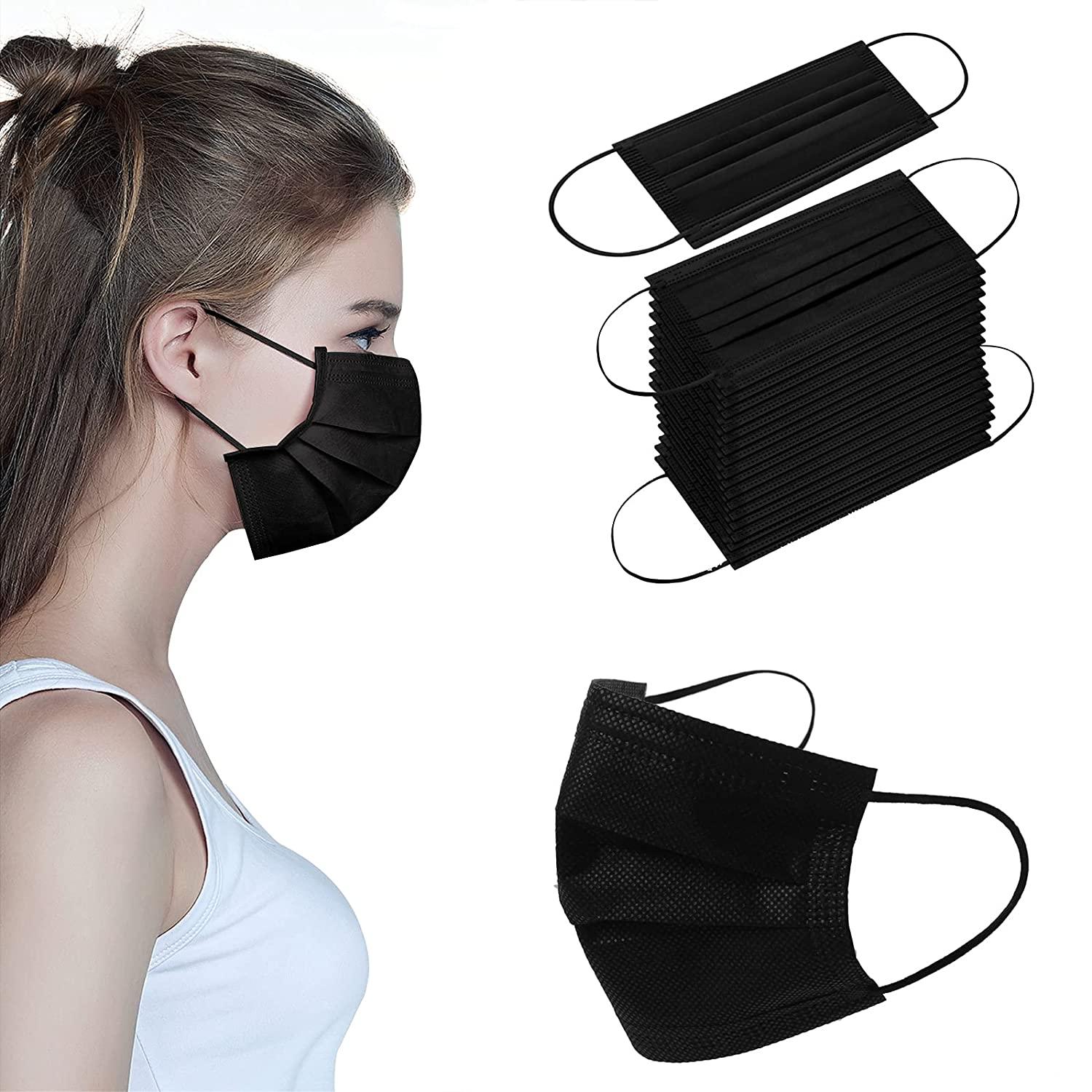 100PCS Black Disposable Face Masks with 3 Layer Protection and ...