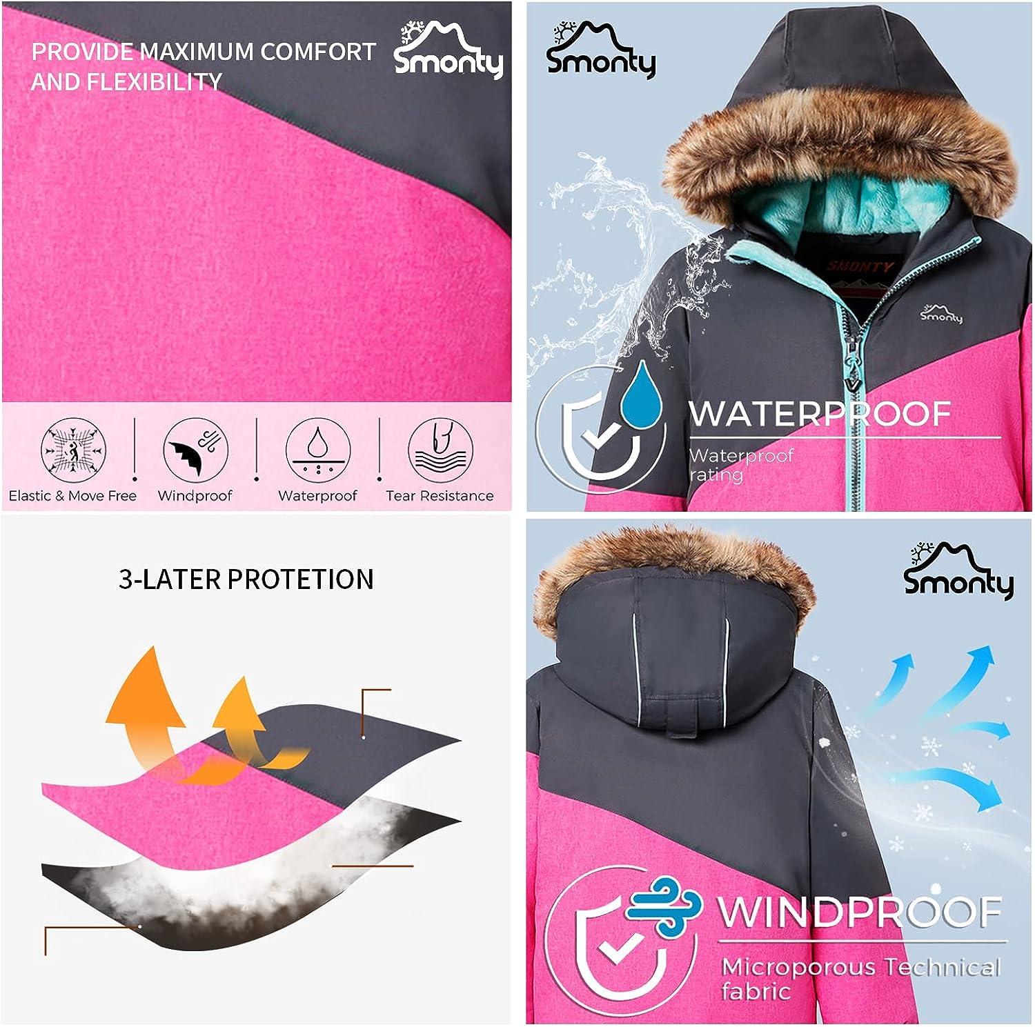 SMONTY Kids Snow Suit for Girls Winter Ski Jacket & Pants Set Hooded Straps  Set Windproof Waterproof Warm Gray and Pink 8