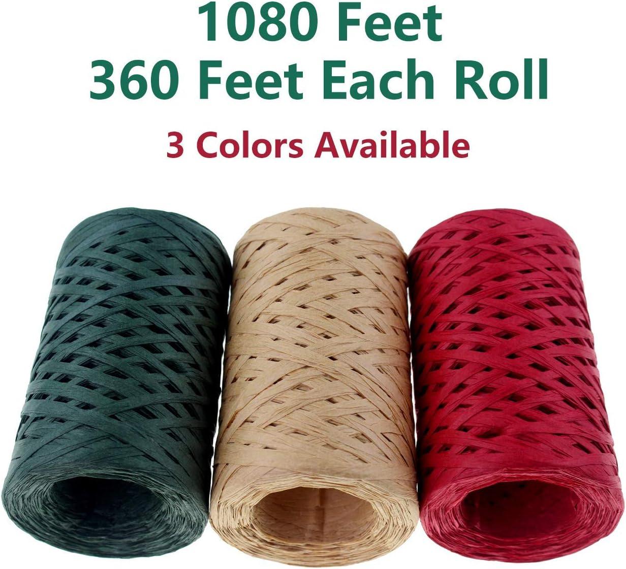 CREATRILL 3 Rolls Red Green Kraft 1/4 by 492 Feet Raffia Ribbon/String,  164Feet Each Roll, Packing Paper Twine for Christmas