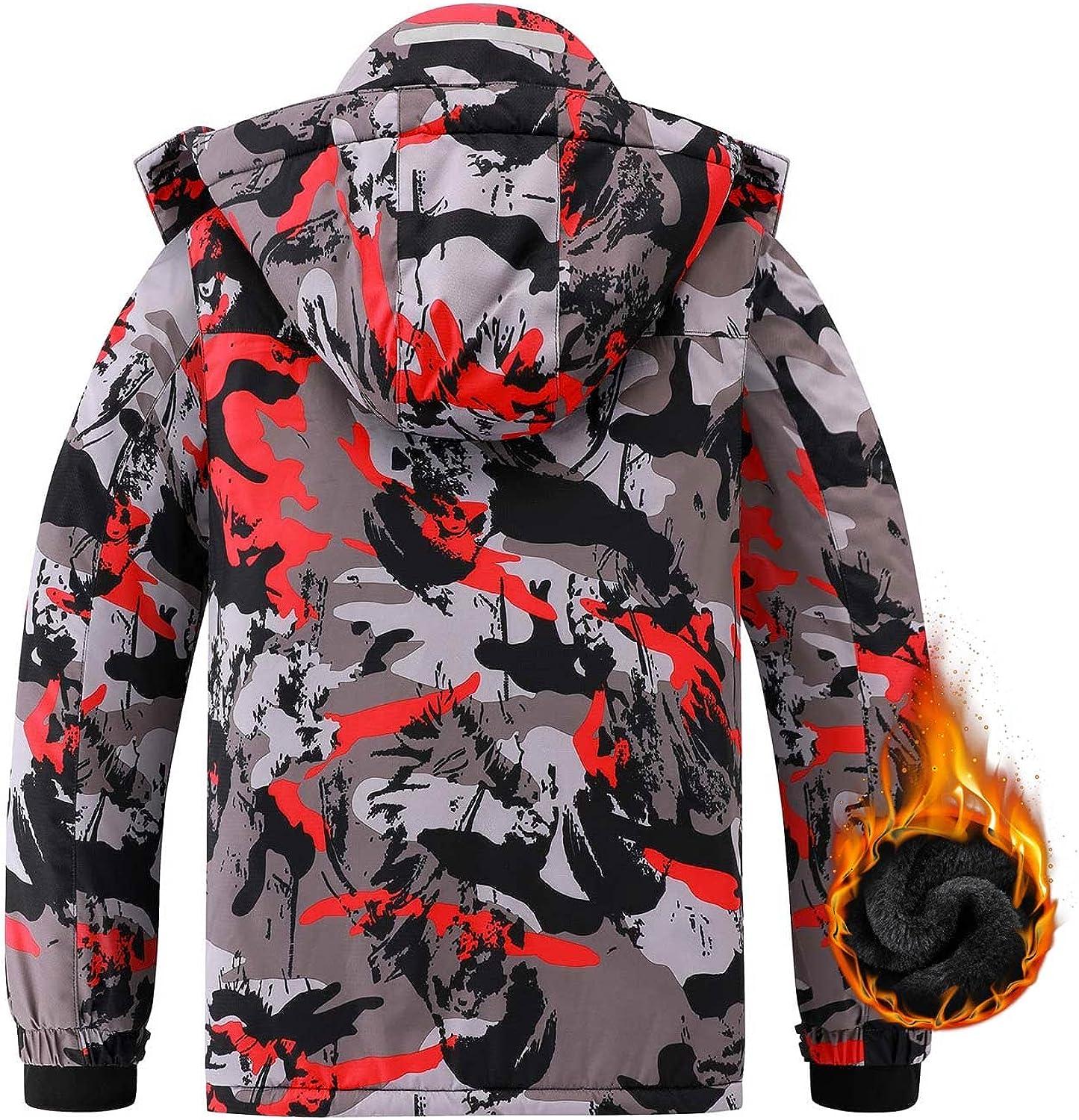 AfiLOK Boys Ski Jacket Waterproof Breathable Red Camouflage