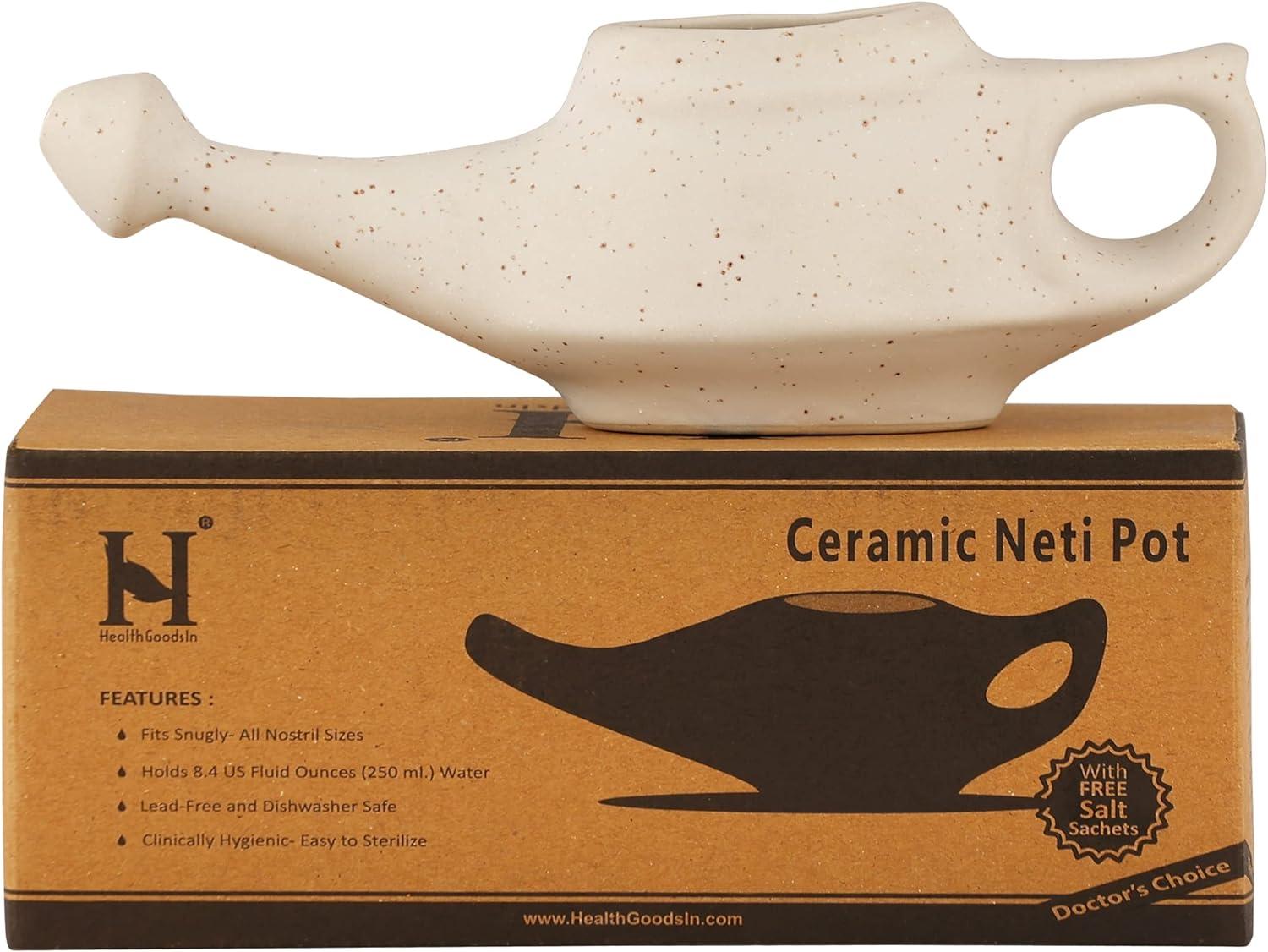 HealthGoodsIn Ceramic Neti Pot Dishwasher Safe for Nasal Cleansing + 5