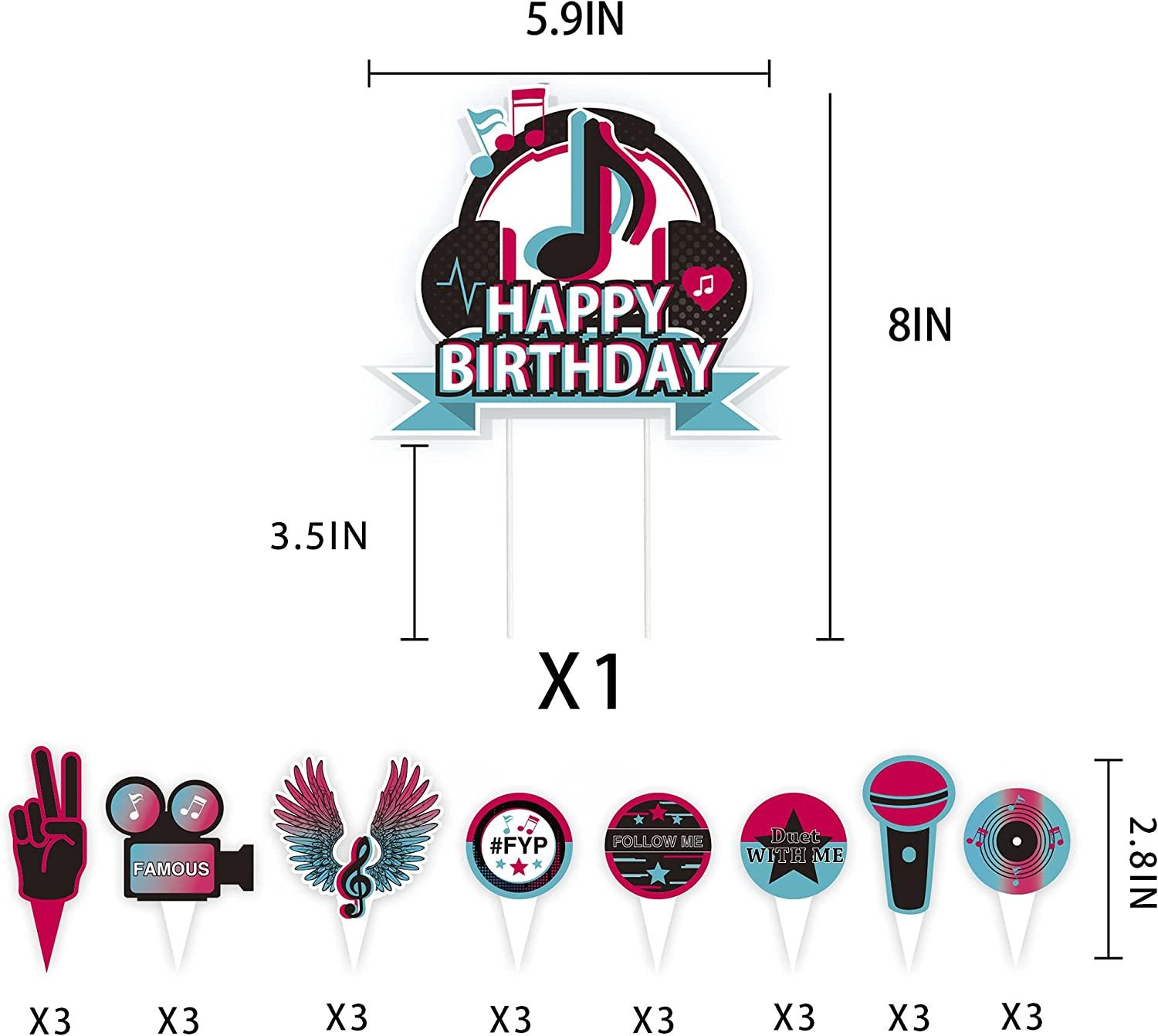 25Pcs TIK Music Happy Birthday Cake Toppers Girl's Karaoke Party Supplies