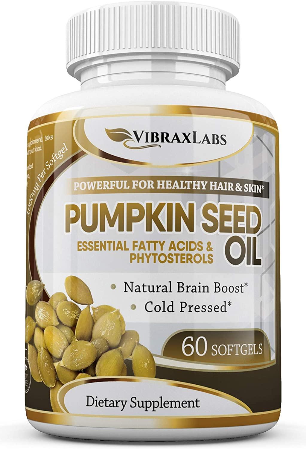 Pumpkin Seed Oil - 100% Cold Pressed Pure 1000mg Extraction - Best for Hair  Growth, Younger Looking Skin & Face, Bladder Control Supplement, 60 Softgels