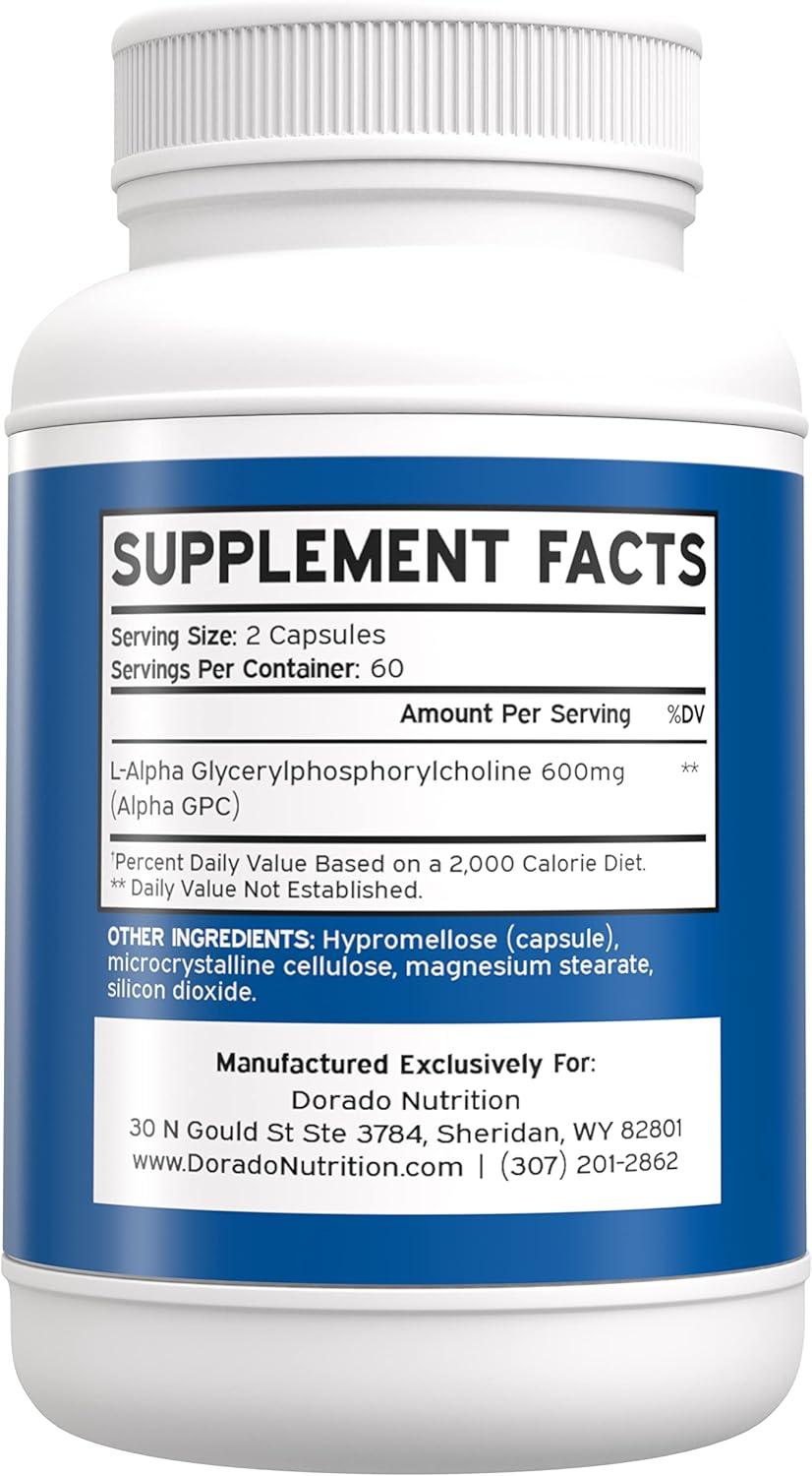 Alpha GPC Choline 600mg Capsules - Brain Support Supplement for Focus,  Memory, Motivation, Energy by Double Wood