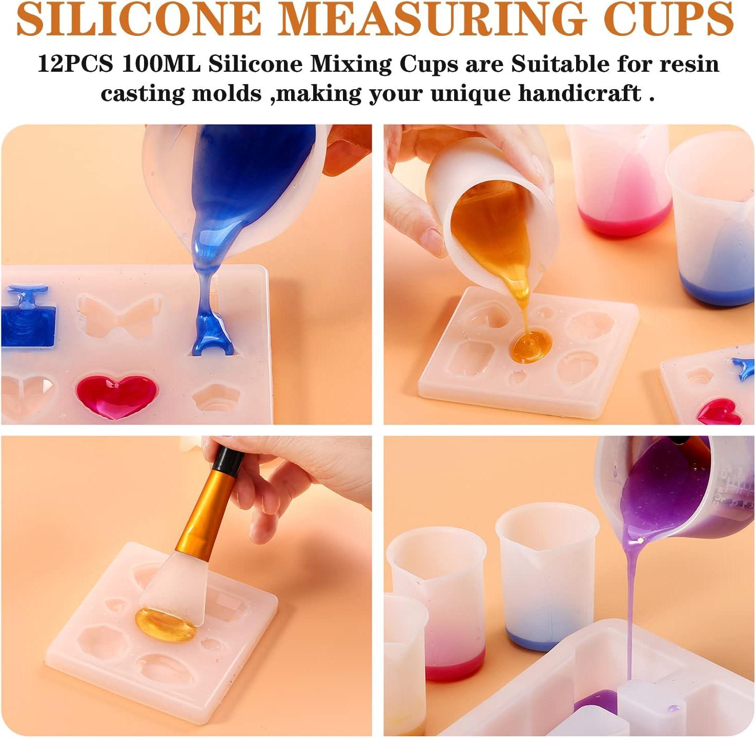 12PCS Silicone Measuring Cups for Resin,12PCS 100ml Measuring Cups & 2PCS  Silicone Brush, Non-Stick Glue Tools with Precise Scale