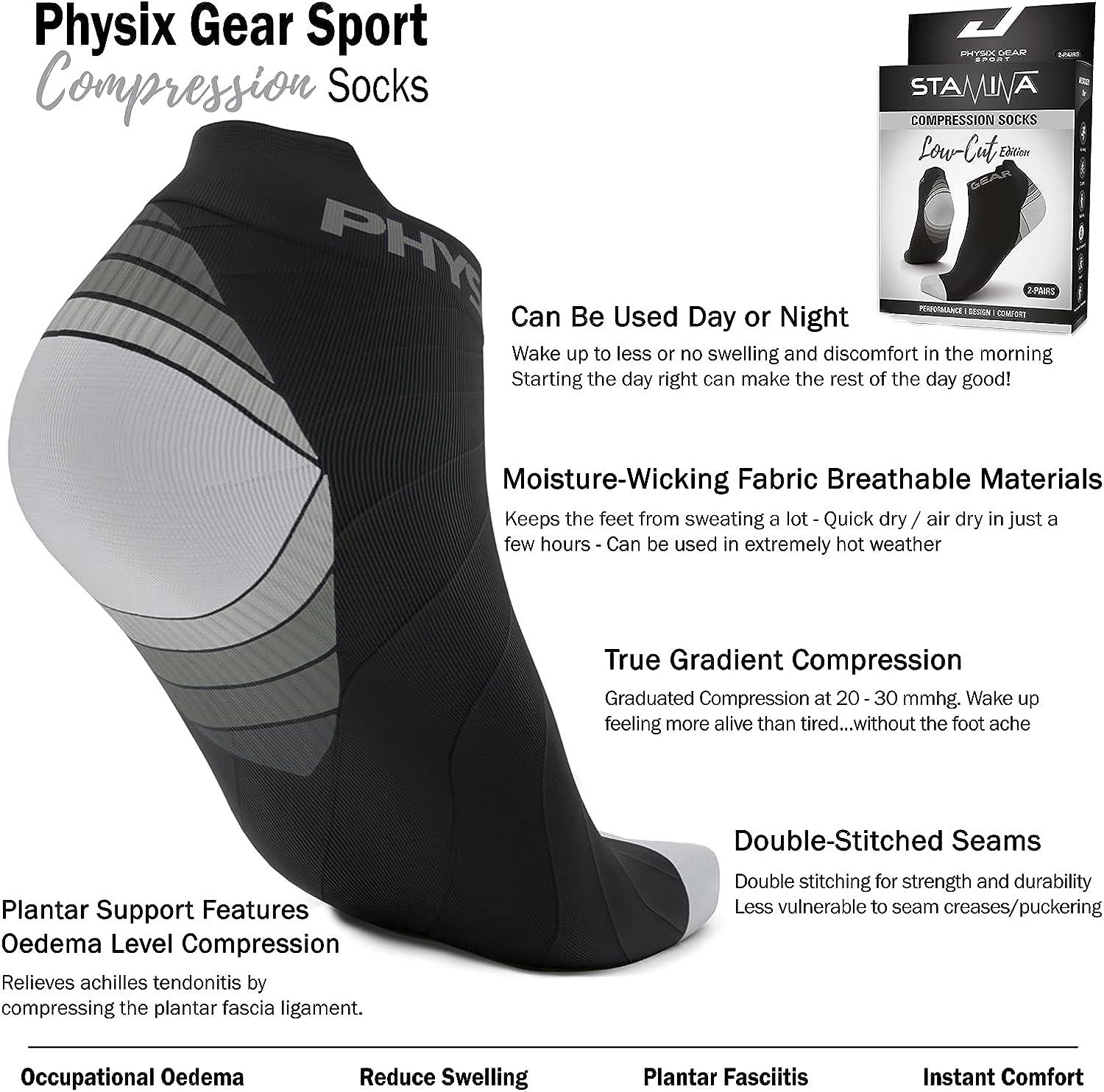 Physix Gear Sport Low Cut Socks Men & Women - Ankle Compression Running  Socks with Arch Support Large-X-Large Black/Grey (2 Pairs)