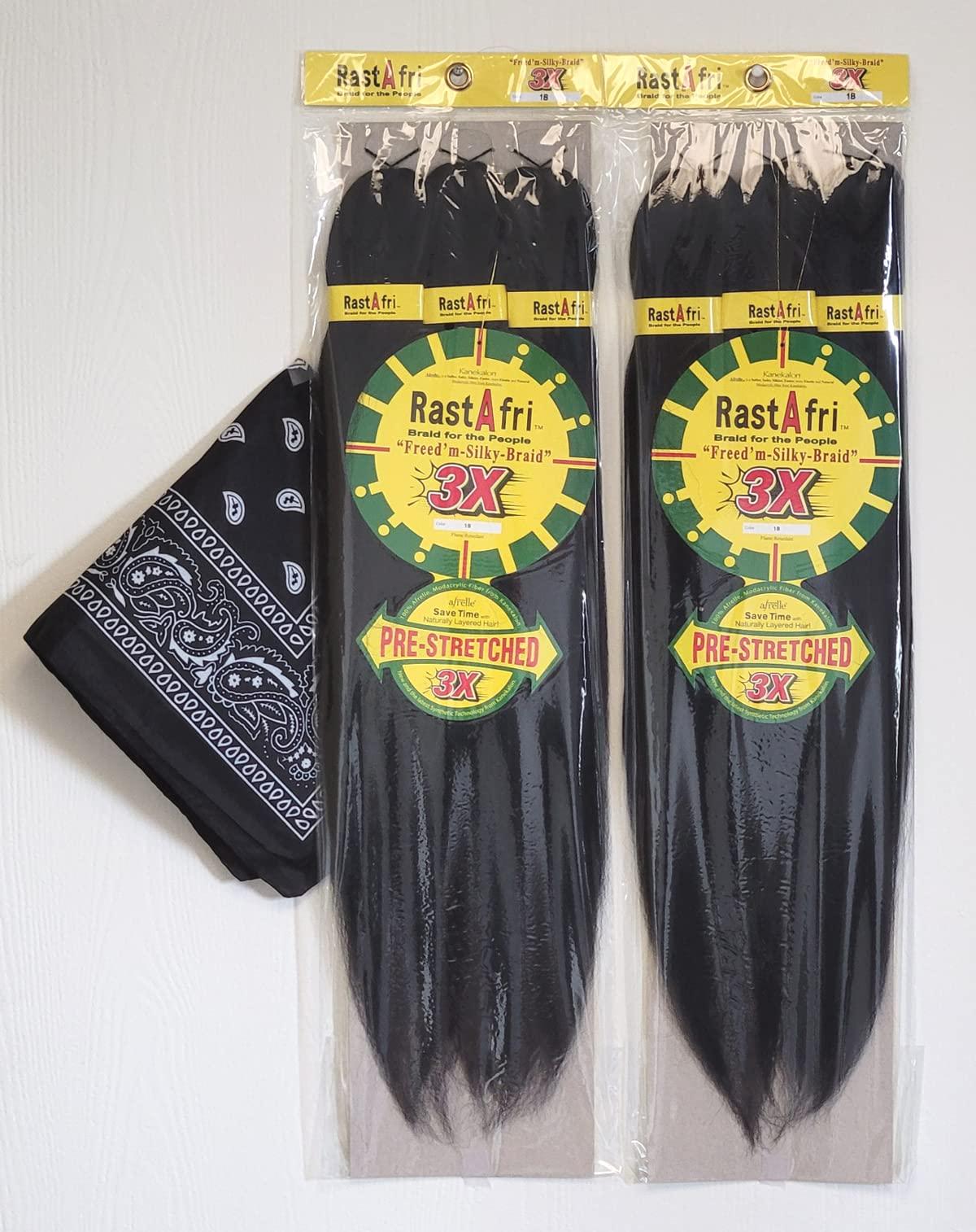 RastAfri PreStretched Silky Braiding Hair 3X with Bandana 2 Packs (1B)
