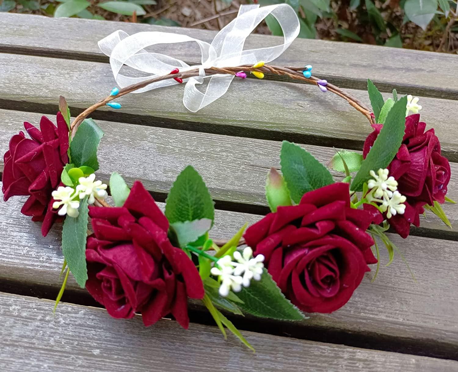 Funsveta Women Girls Rose Floral Crown Wreath Wedding Flower Headband