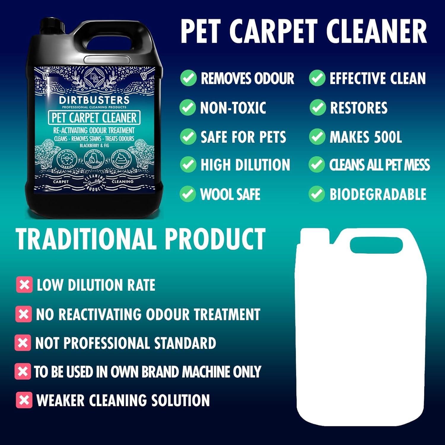 Dirtbusters Pet Carpet Cleaner Shampoo, Cleaning Solution For Odour, Urine  & Stains, Geranium & Chamomile (5L) : : Pet Supplies