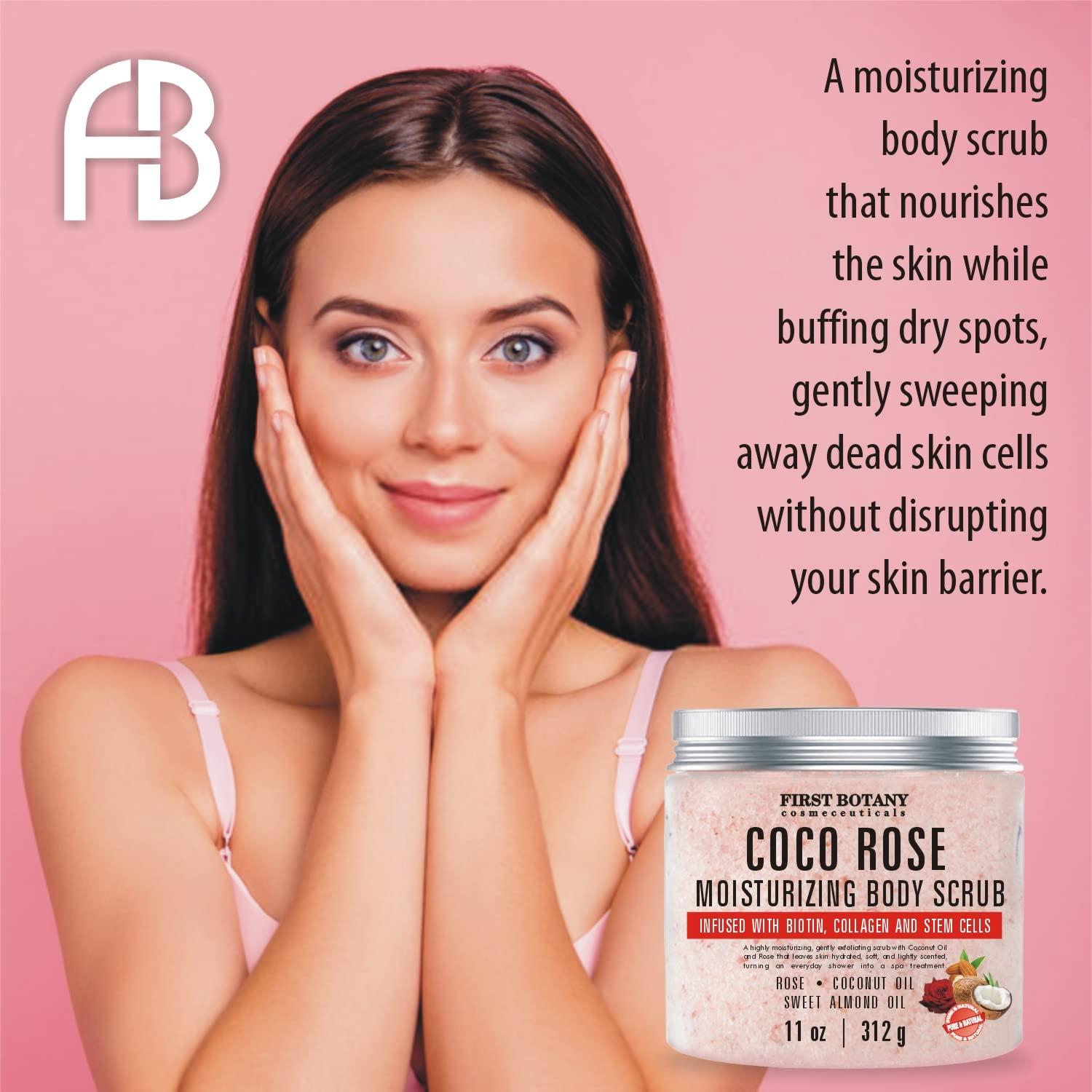 Coconut Rose Body Scrub Exfoliator with Biotin, Collagen, Stem Cells