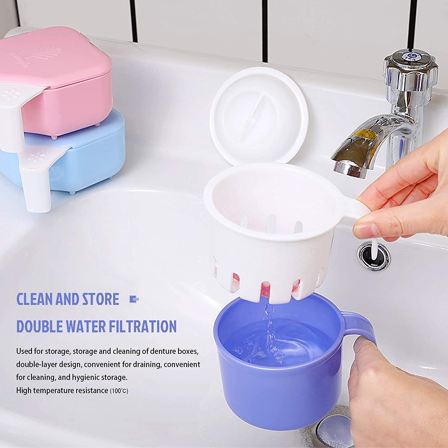 Large Denture Cup, False Teeth Bath Cup with Strainer and Lid for