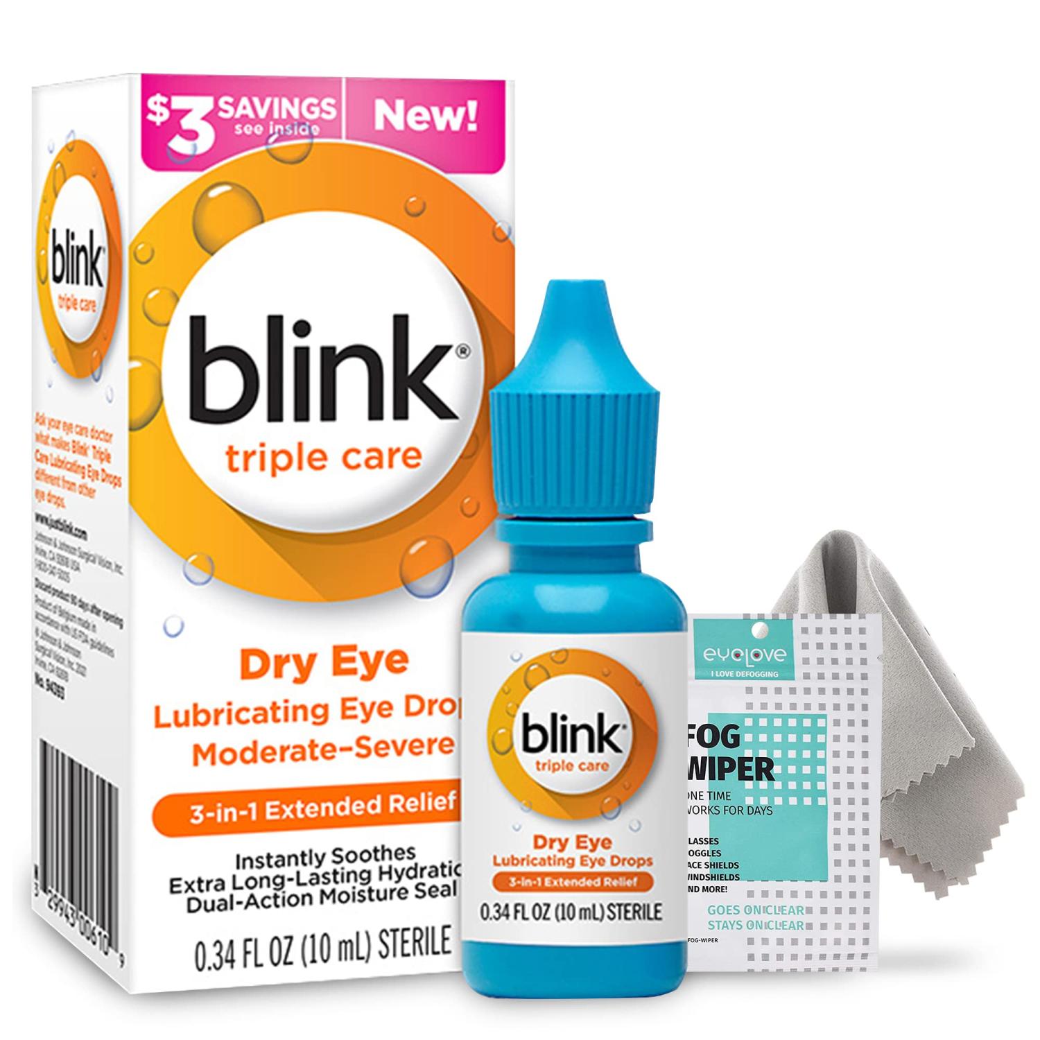 Blink Triple Care Lubricating Eye Drops 10ml + AntiFog Cloth Bundle by