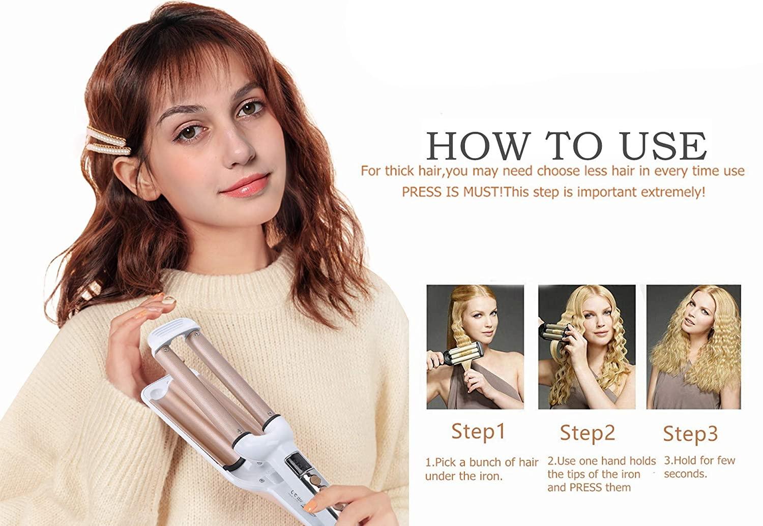 Ceramic Hair Crimper Iron Hair Waver 3 Barrel  inch / 16mm Perm Instant Curls  Crimping Hair Curling Iron Valentines Day Gifts for Women Professional Crimping  Iron (Gold & White)
