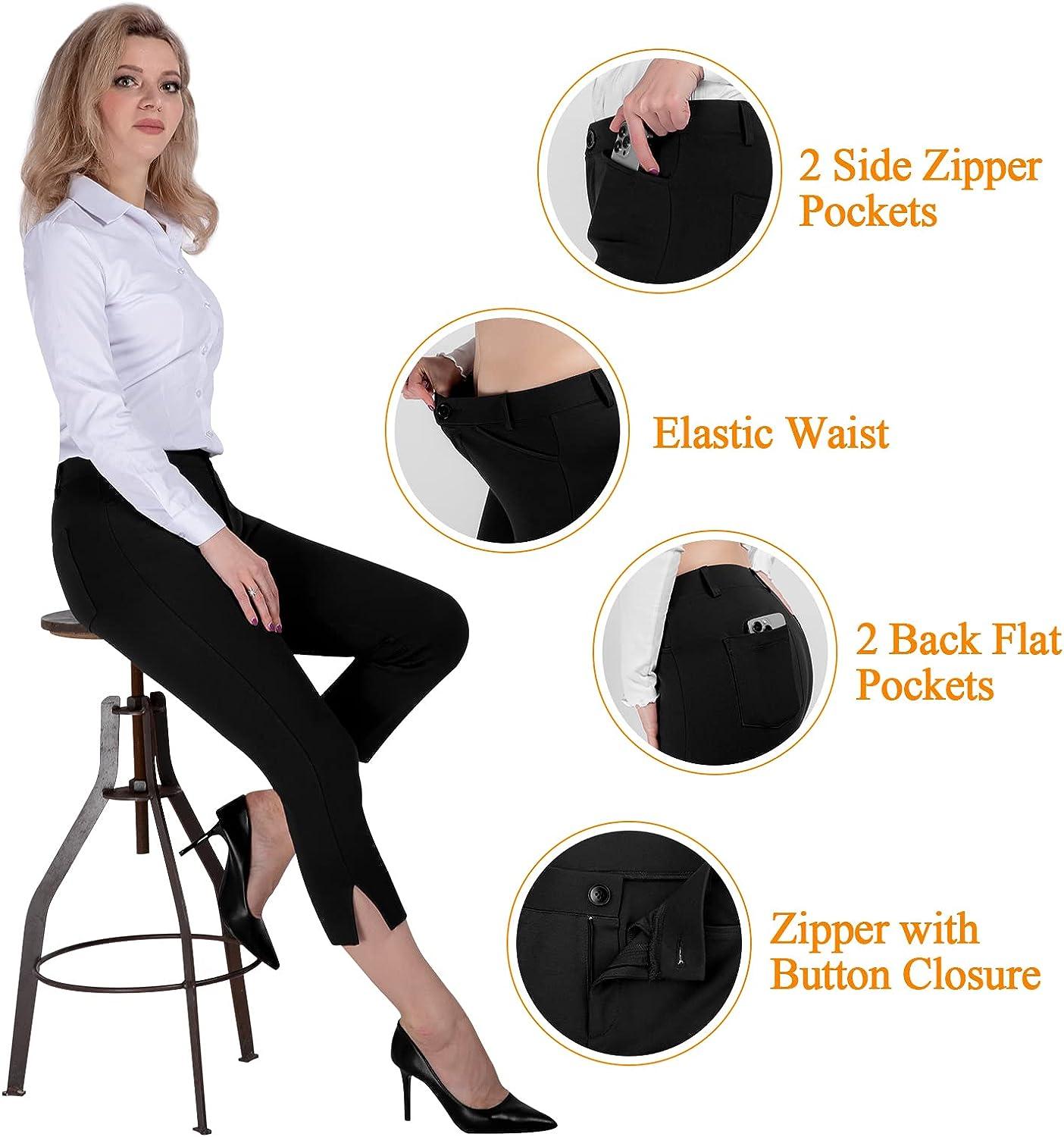 PUWEER Capri Pants for Women Dressy Business Casual Stretchy Slim Straight Womens  Dress Pants with Pockets Black Large