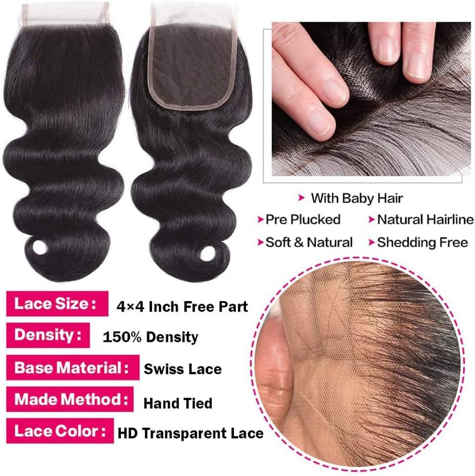 10A Brazilian Body Wave Human Hair Bundles with HD Lace Closure