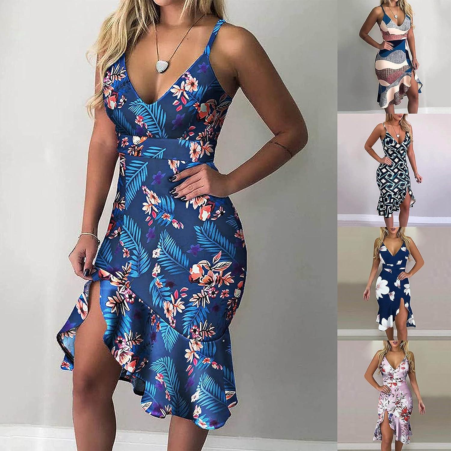 Womens Midi Dress Sexy Deep V Neck Dresses Sleeveless Bodycon Dress Ruffle Low Cut Sling Dress Mermaid Dress Dark Blue Small