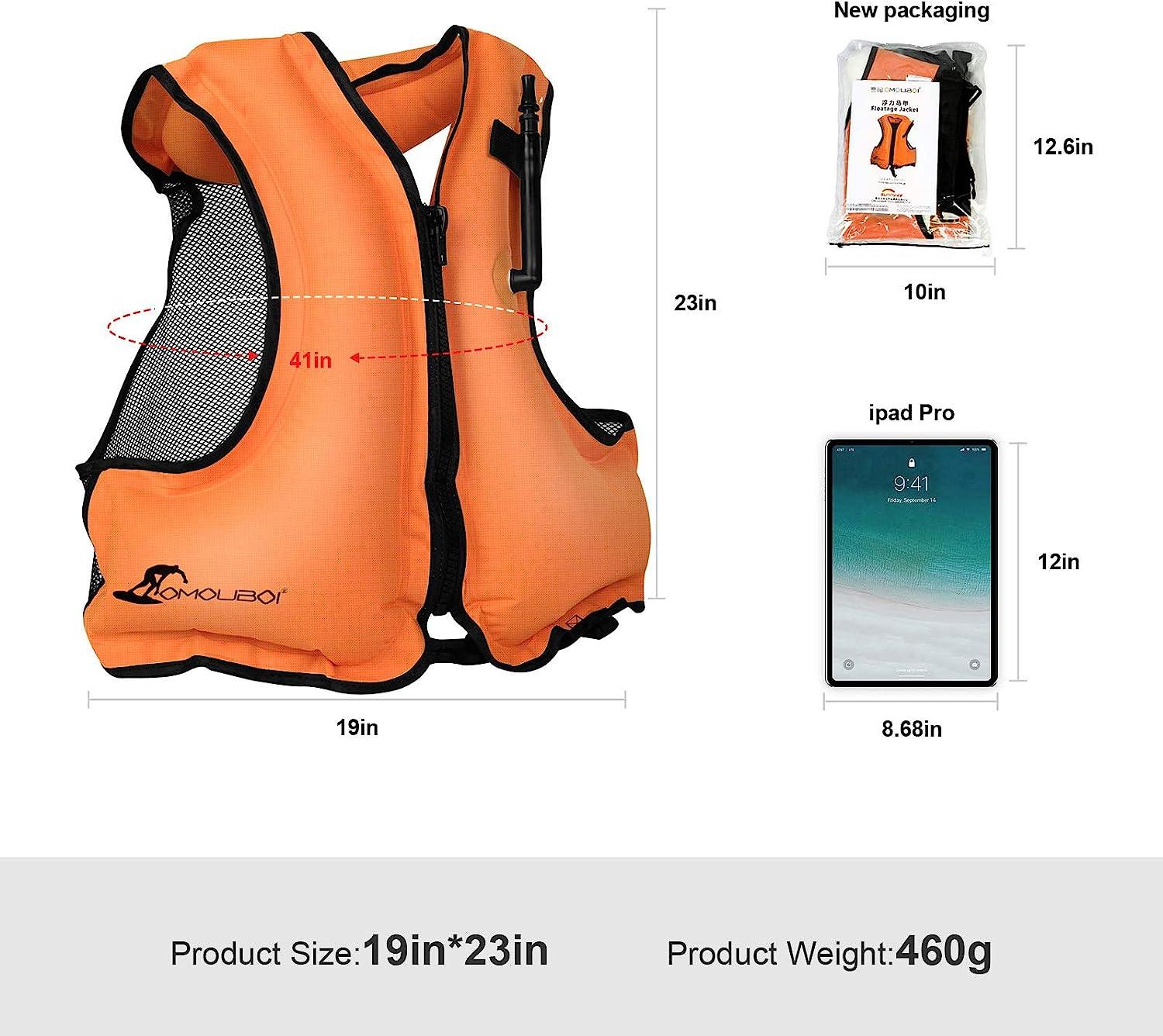 OMOUBOI Inflatable Snorkel Vest for Adult, Floatage Buoyancy Aid Swimming  Vest Lightweight Kayak Diving Jackets for Snorkeling with Leg Straps  Suitable for 90-220 lbs Outside Water Fun orange