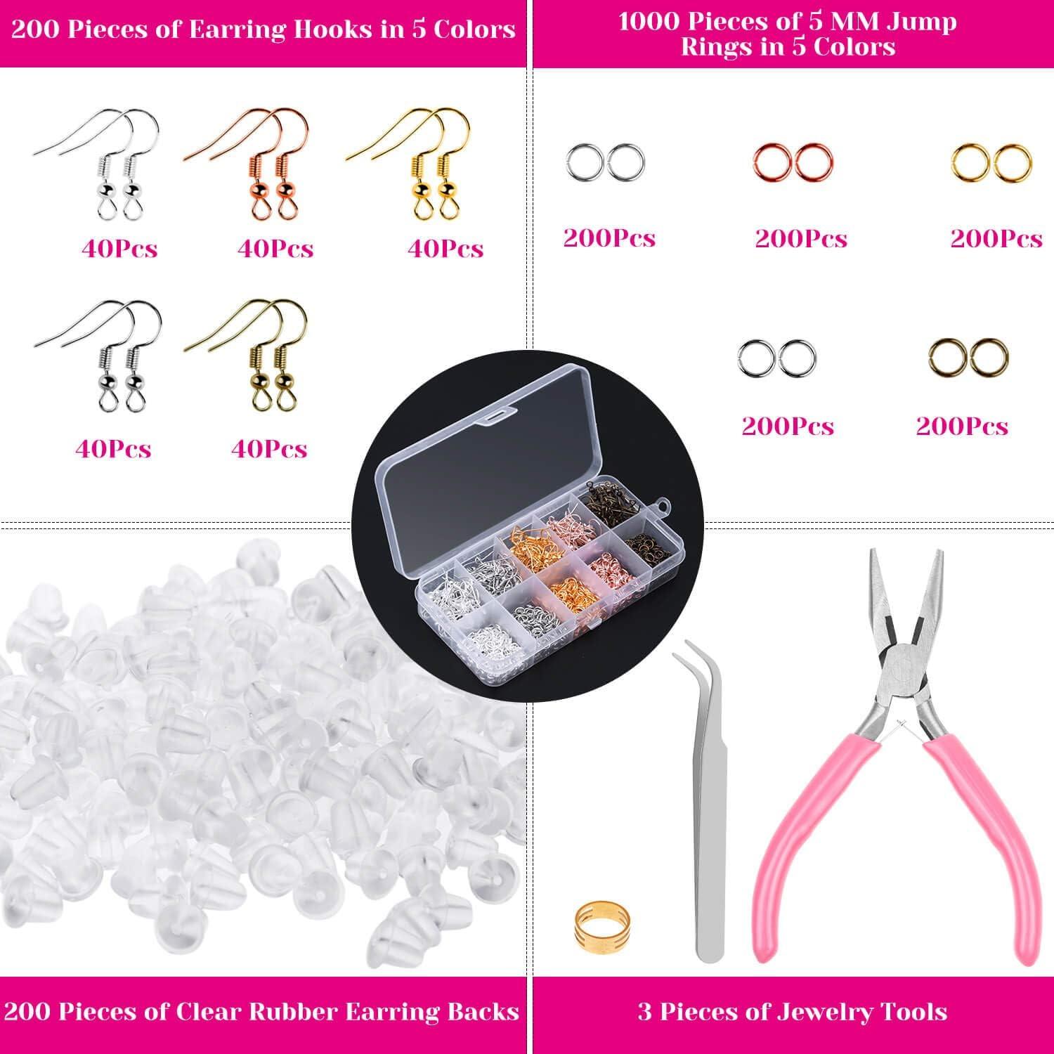 Earring Hooks, Audab 1400pcs Earring Making Kit with 200pcs Ear Ring Hooks,  1000pcs Jump Rings, 200pcs Earring Backs and Jewelry Pliers for Jewelry Making  Supplies Earring Findings