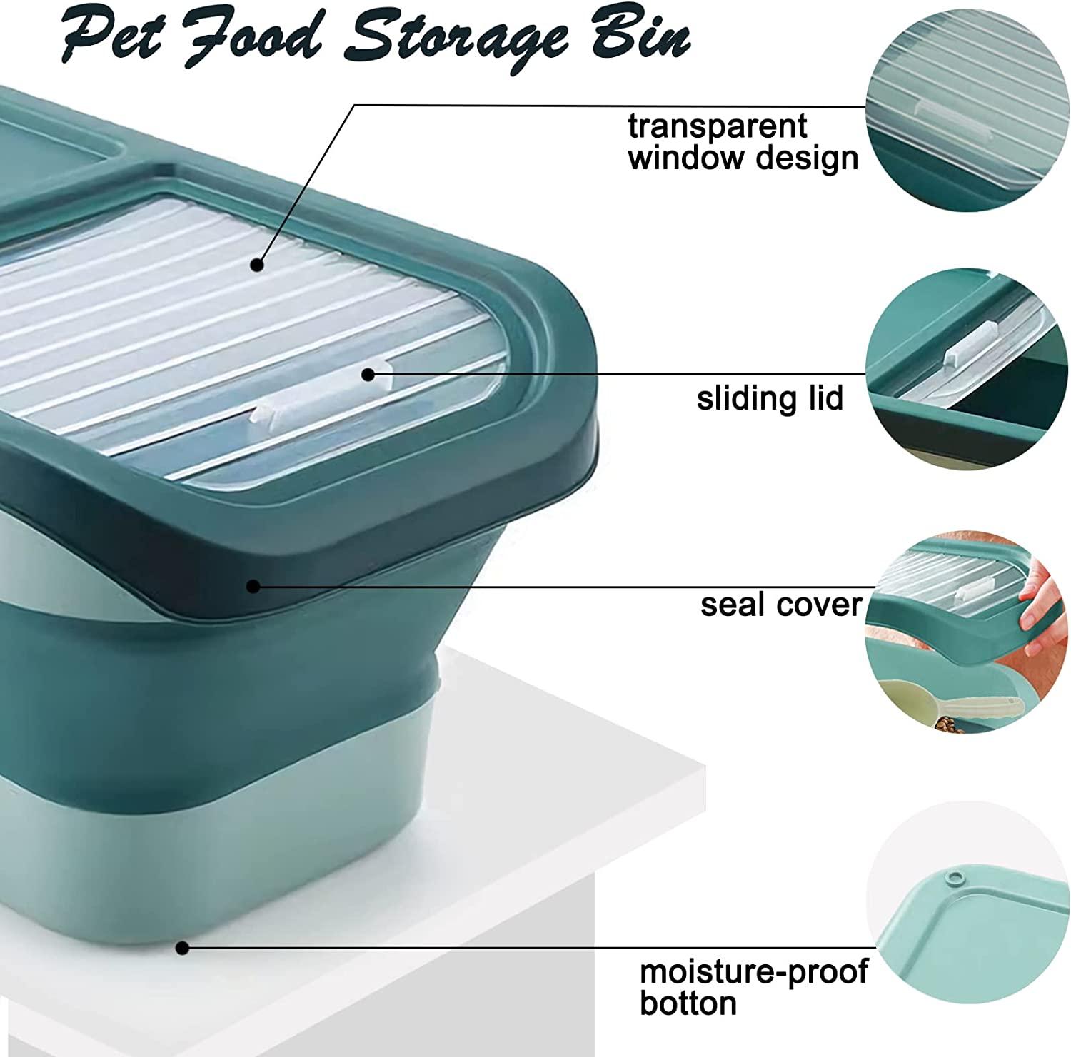 LKSTK 18 LB Green Dog Food Storage Container with Rolling Wheel,  Collapsible Dog Food Container with Travel Silicone Bowl and Scoop, Folded  Cat Food